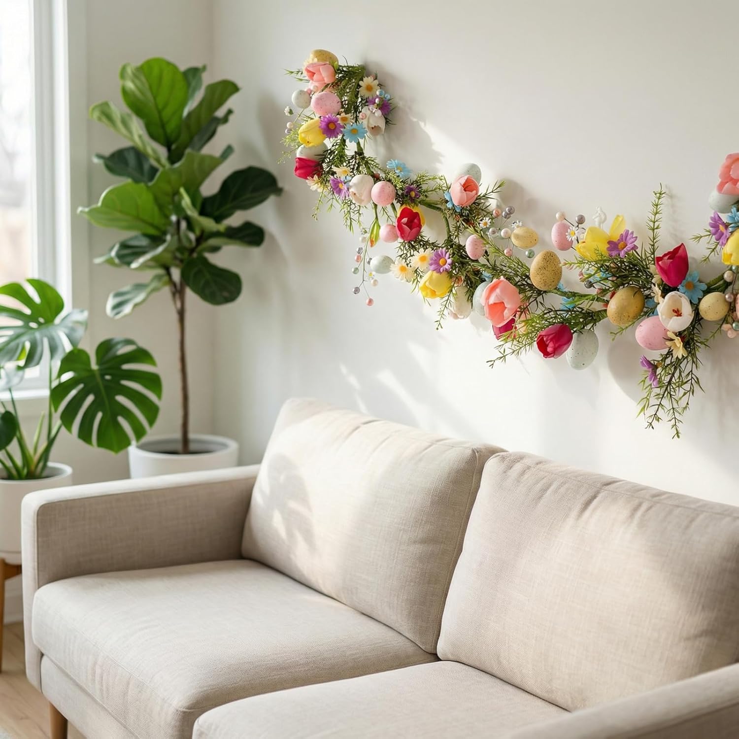 Easter Garland with Eggs, 6FT Spring Garland with Colorful Pastel Tulips, Daisy, Berries & Green Leaves, Artificial Easter & Spring Decorstions for Mantle,Fireplace, Doorway, Table, Home