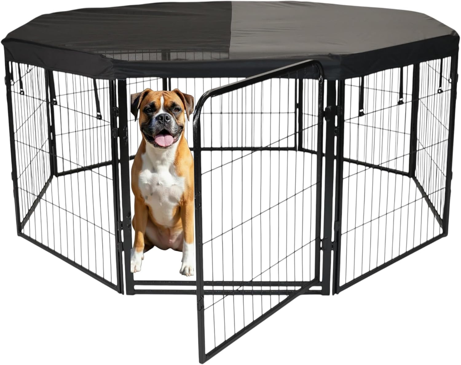 Dog Playpen w/Octagon Top Shade Cover - 32 inch, 8 Panel Portable Black Metal Pet Play Pen for Small & Medium Dogs - Indoor/Outdoor Kennel Cage for Home, Yard, RV, or Camping