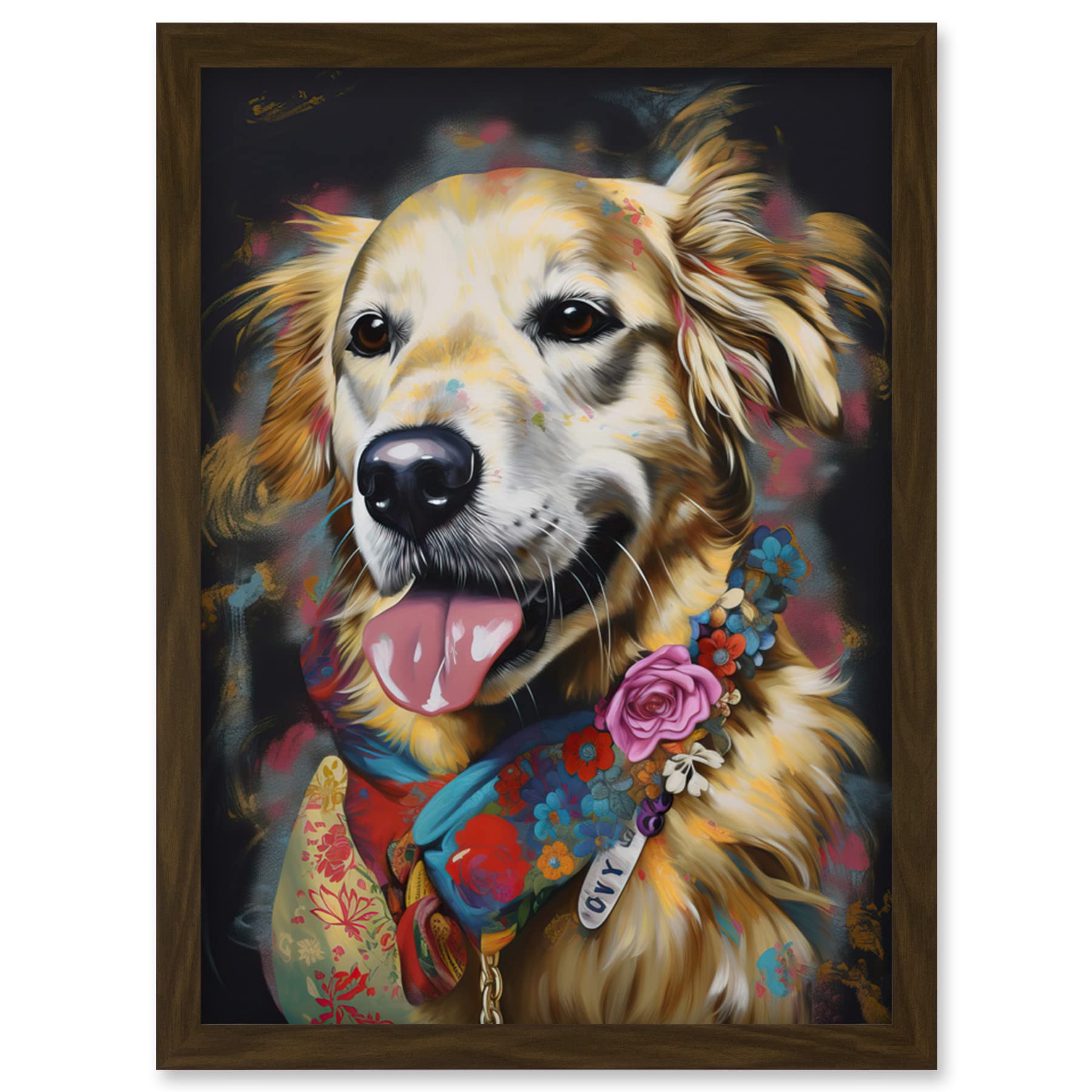 Artery8 Golden Retriever Dog with Floral Bandana Collar Artwork Framed Wall Art Print A4