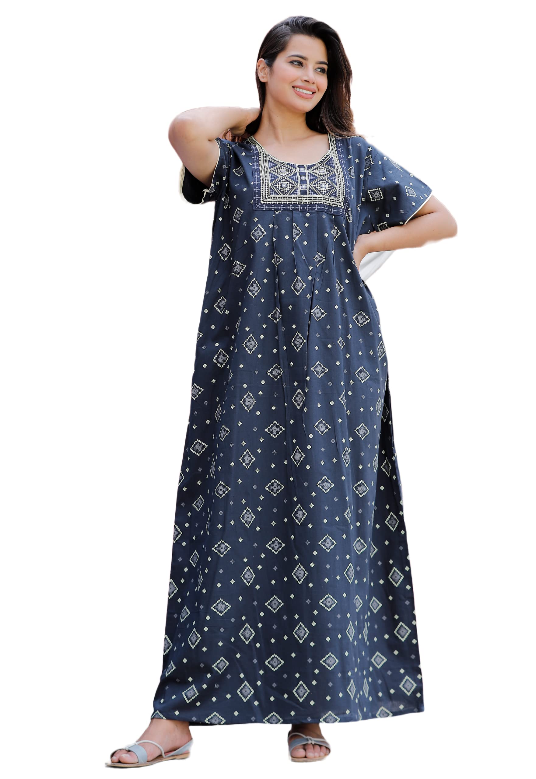 mik & misha Women's Pure Cotton Block Print Regular Rajasthani Jaipuri Maxi Nighty-picture-37