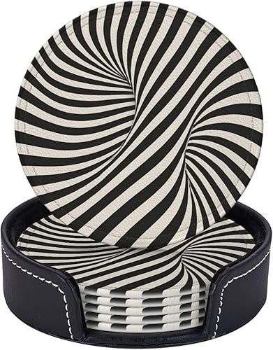 Miniatura 5 de Drink Coasters Set of 6, Optical Illusion Printed PU Leather Round Coaster with Holder for Outdoor, Office, Bar, Funny Heat-Resistant Home Desk Decor