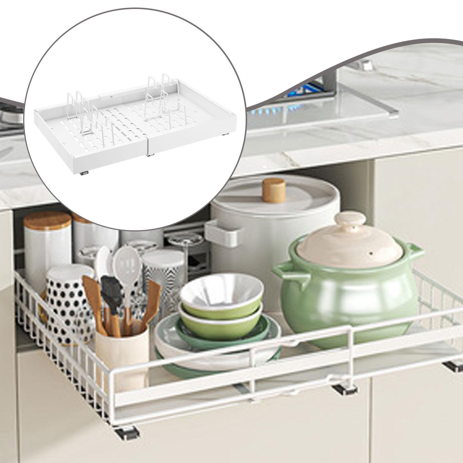 Organizzatore Modulare Scorrevole per Armadio, Espandibile, Cassetto Sottolavello, Porta Spezie Estraibile, Scatola Portaoggetti in Acciaio al, Bianco