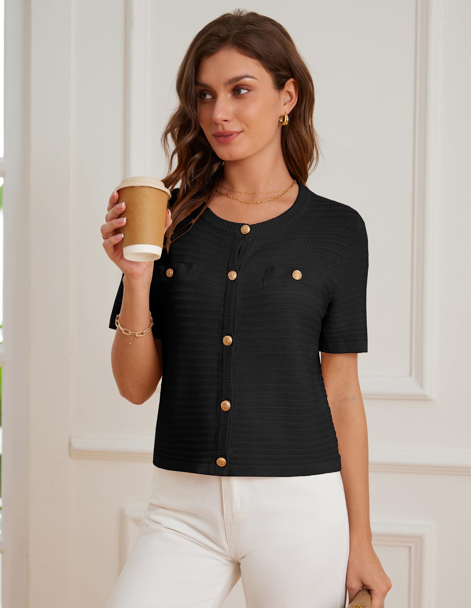 GRACE KARIN Cárdigan de punto con botones y bolsillos para mujer, con parte delantera abierta, con textura