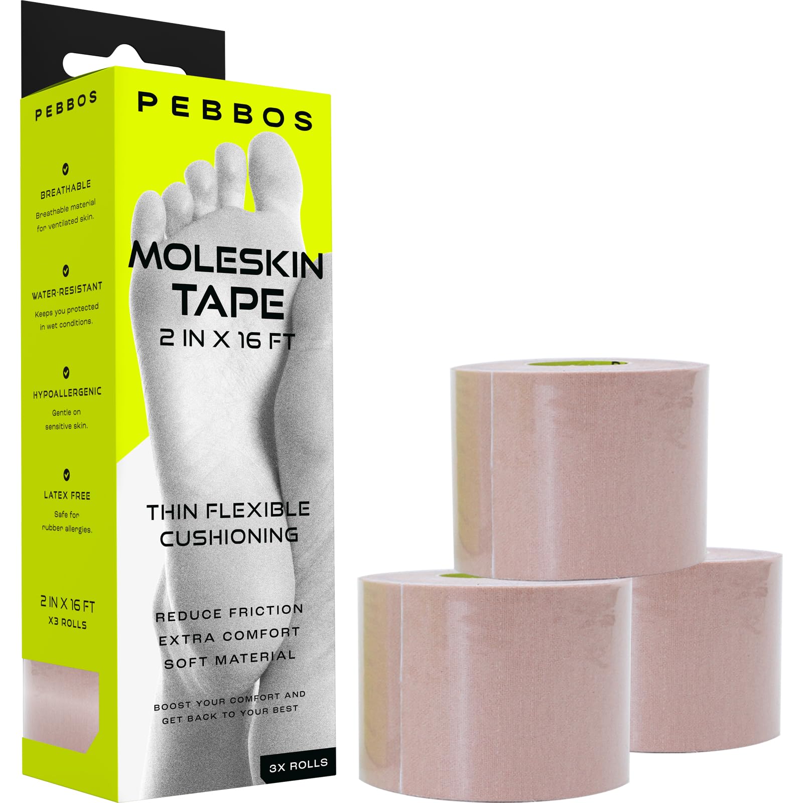 Pebbos Moleskin Tape (3 Rolls) – 2in x 16ft – Blister Defense Padding for Foot, Toe & Heel | Water-Resistant & Hypoallergenic | Thin Mole Skin