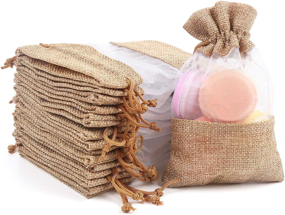 CCINEE 24PCS Burlap Drawstring Gift Bag, Mesh See Through Gift Bags With drawstring 4x6 Inch Organza Treat Pouch for Jewelry Wedding Baby Shower Easter Soap Party Favor