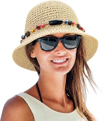 Women's Wide Brim Straw Sun Hat with Bohemian Chain - Foldable and Adjustable