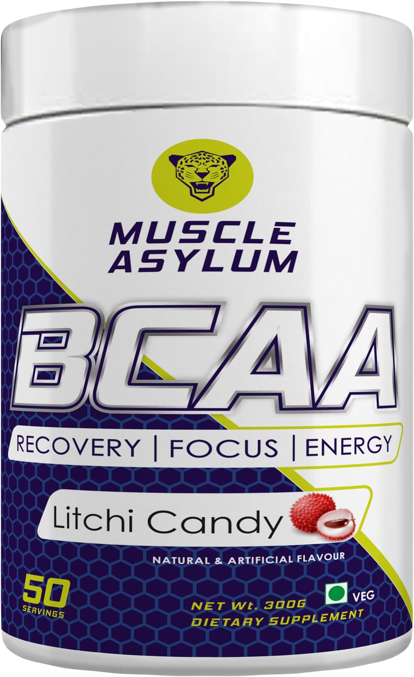 Muscle Asylum Pure Bcaa | 50 Serving, 300g, | Litchi Candy | With Genuine Lab Reports | BCAAs With Nootropics Matrix | Fast Recovery