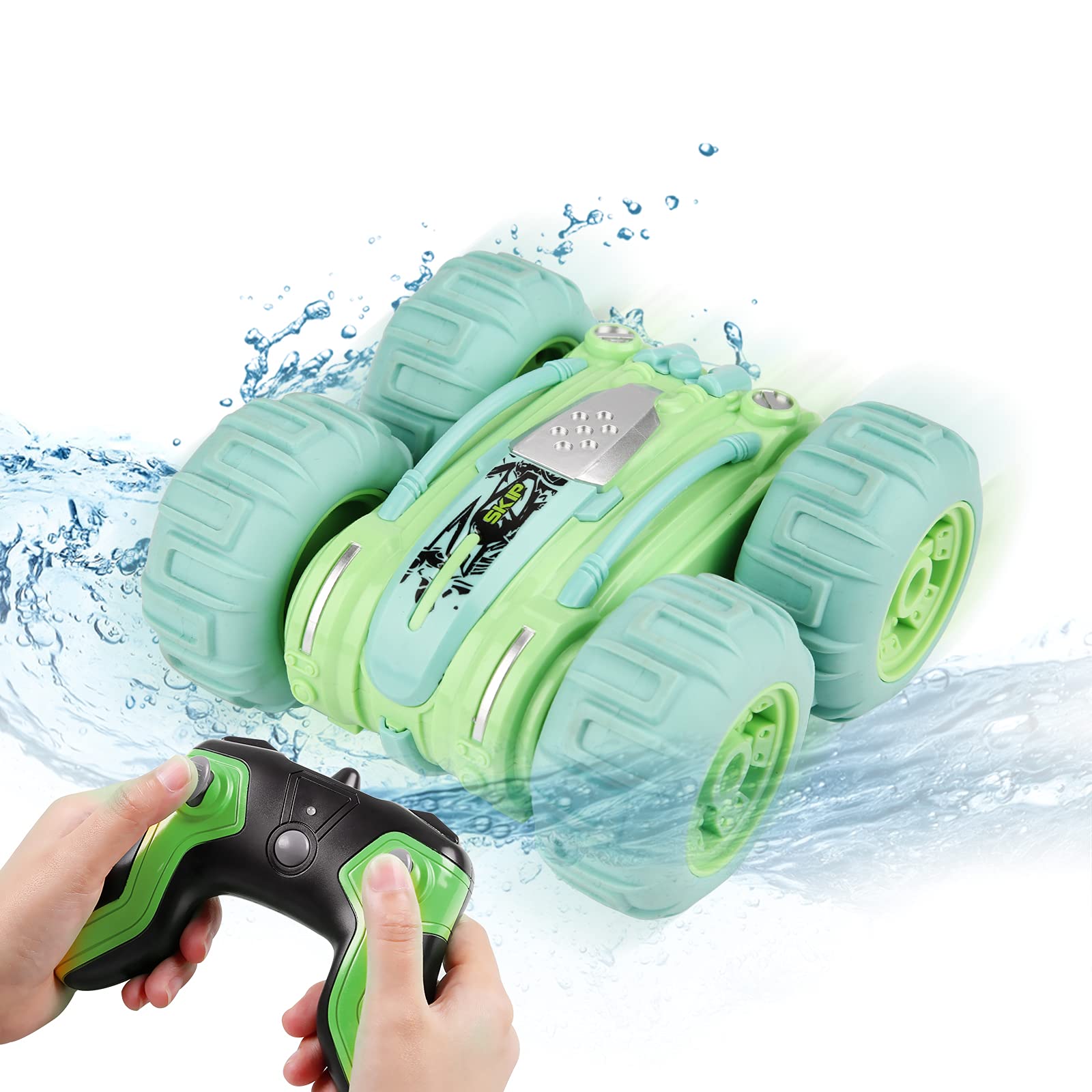 Faylor Remote Control Car Waterproof Stunt Car- 2.4Ghz 4WD Off Road Water & Land Rc Cars-Double Sides Stunt Car with 360° Spins & Flips Racing Car Toys for Kids Birthday Gift, Green