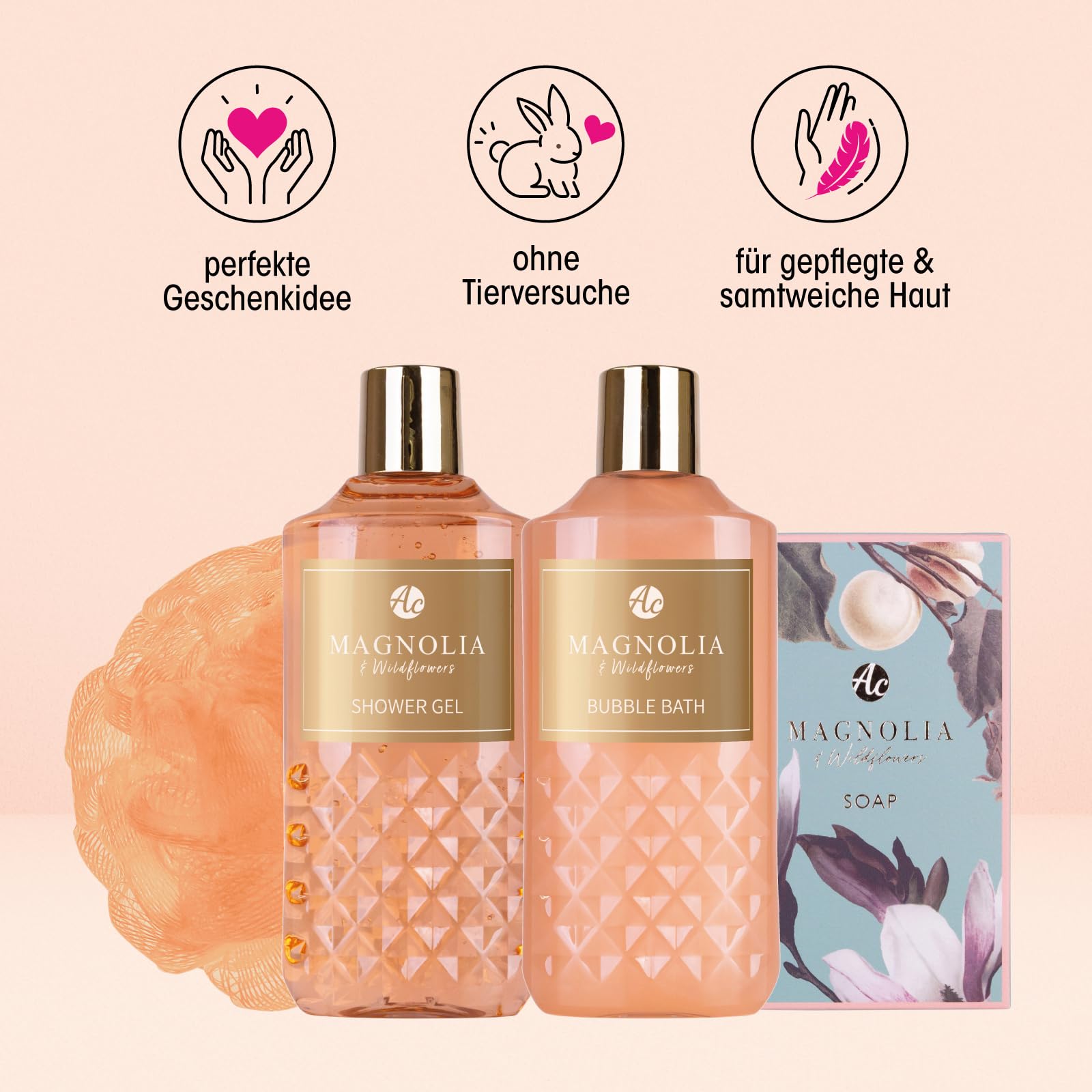 Accentra Zestaw upominkowy dla kobiet Bathing Rituals w pięknym koszu, 4-częściowy zestaw do kąpieli, prezent z żelem pod prysznic, pianką, mydłem i gąbką z siatki – zestaw wellness dla kobiet i