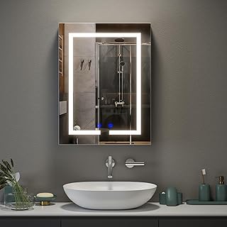 Spiegelschrank Bad mit Beleuchtung und Steckdose, 40x60x15cm, Badezimmerschrank mit Spiegel und Verstellbares Regal, Entfogging-Funktion, Wandmontage, Weiß