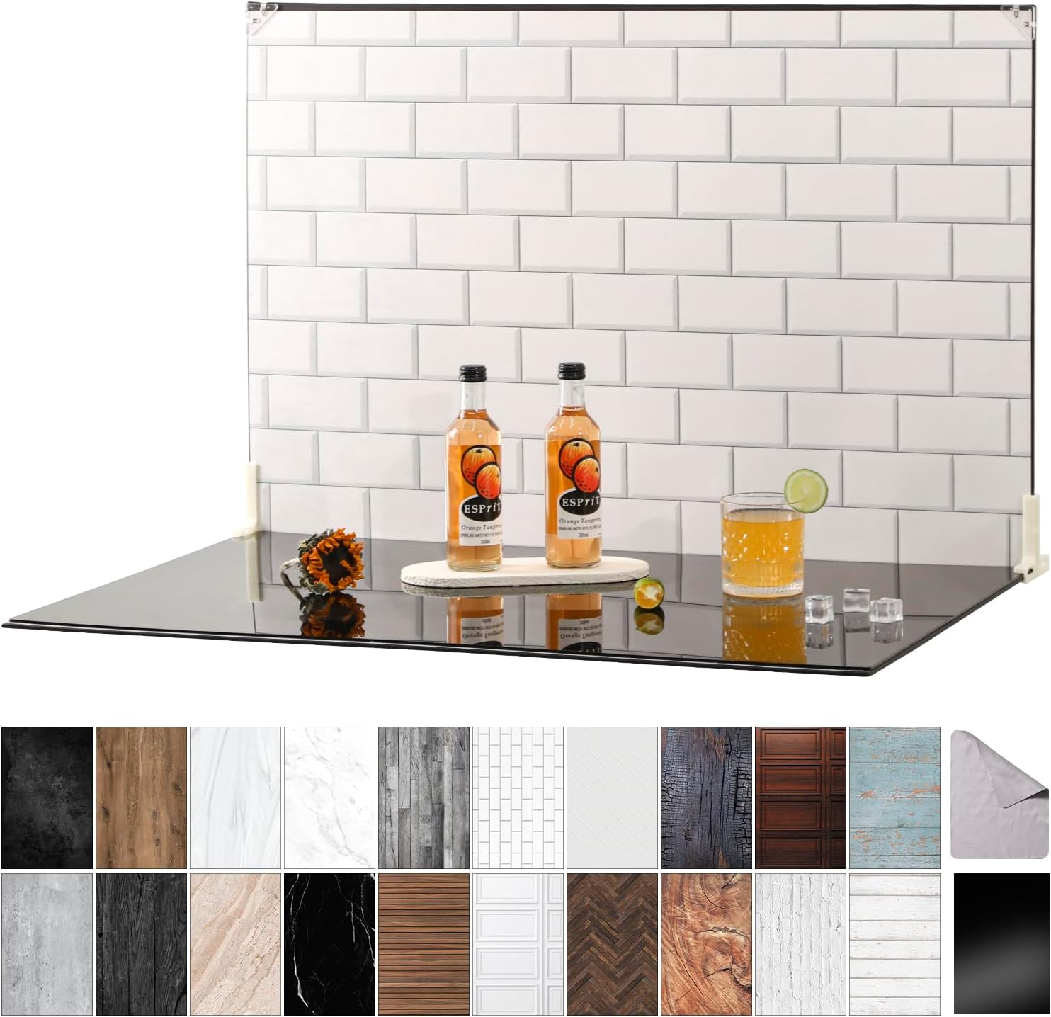 Product Photography Backdrops with Gloss Black Acrylic, 23x35in Photo Backdrop Board, 10Pcs 20Patterns Background Table Top Shooting Kit for Food, Jewelry, Cosmetics & Content Creation, MDAOCRY