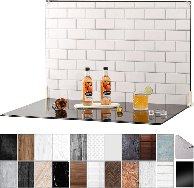 Kit de fondo fotográfico de 23 x 35 pulgadas, 10 hojas, 20 patrones, acrílico negro brillante | Agrega reflejos y profundidad similares a los de un espejo a fotos y videos de alimentos, joyas, cosméticos y otros productos.