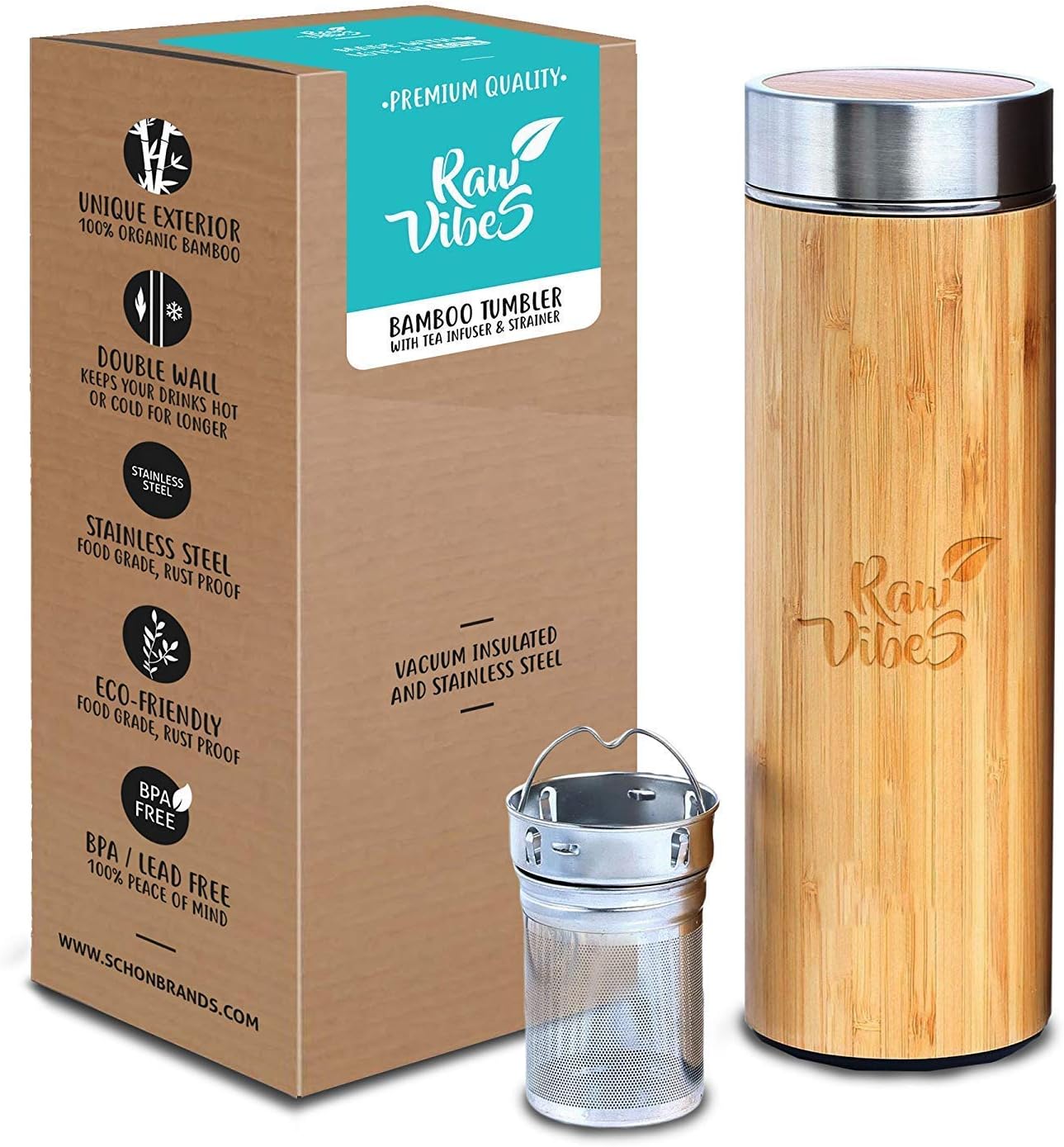 Raw Vibes Bamboo Tea Tumbler with Tea Infuser & Mesh Filter - Vacuum Insulated Stainless Steel Travel Mug for Hot and Cold Beverages | Leak Proof & BPA Free Tea Infuser Bottle – 17oz