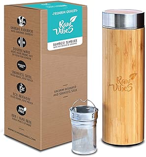 Original Bamboo Tumbler with Tea Infuser & Strainer by Raw Vibes | 17oz Stainless Steel Water Bottle | Insulated Coffee Travel Mug | Gift For Tea Lovers | Mesh Filter for Brewing Loose Leaf | BPA-Free - coolthings.us