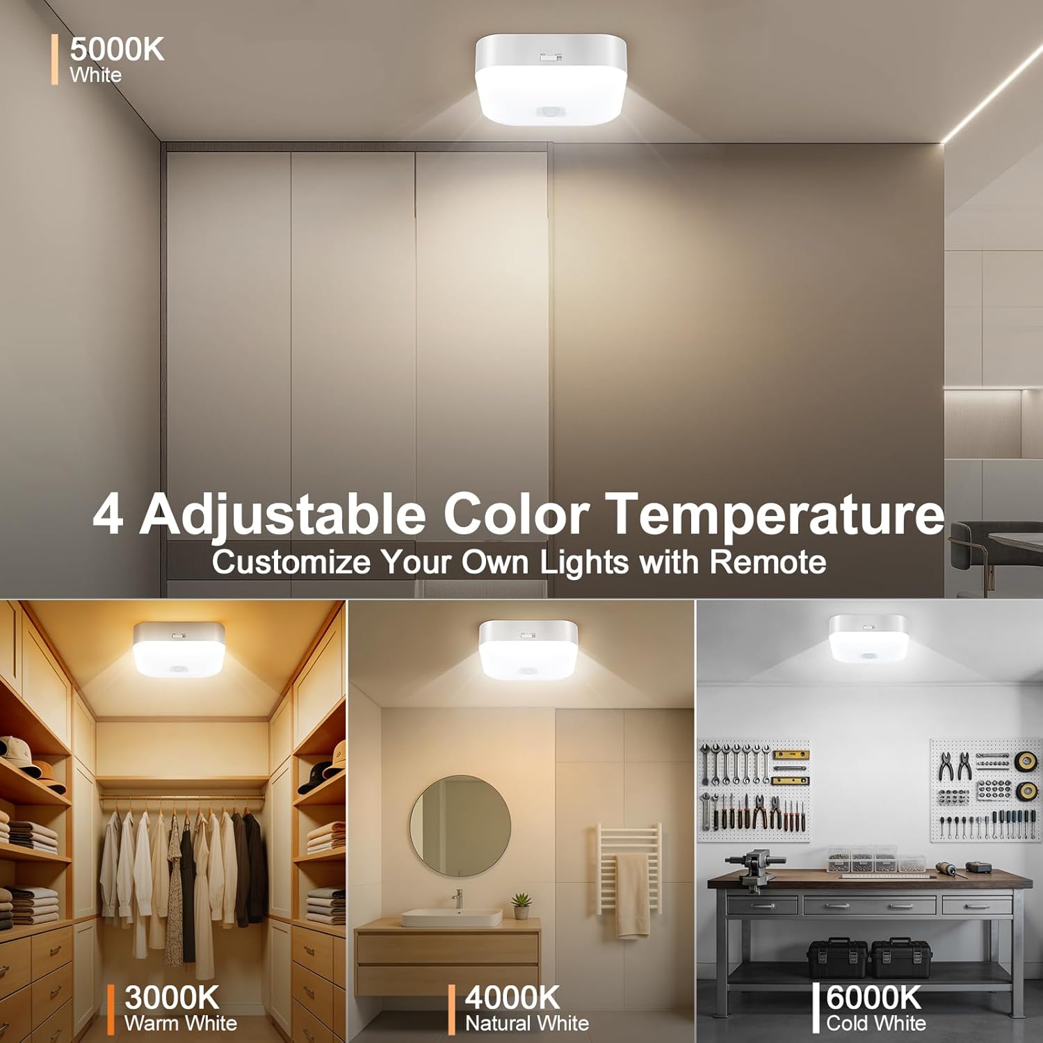 Yunaking 2 Pack Rechargeable Ceiling Light with Motion Sensor: Battery Operated LED Closet Light with Remote & Timing - Wireless Dimmable Magnetic Mount Shower Lamp for Bathroom/Stairs/Garage/Hallway