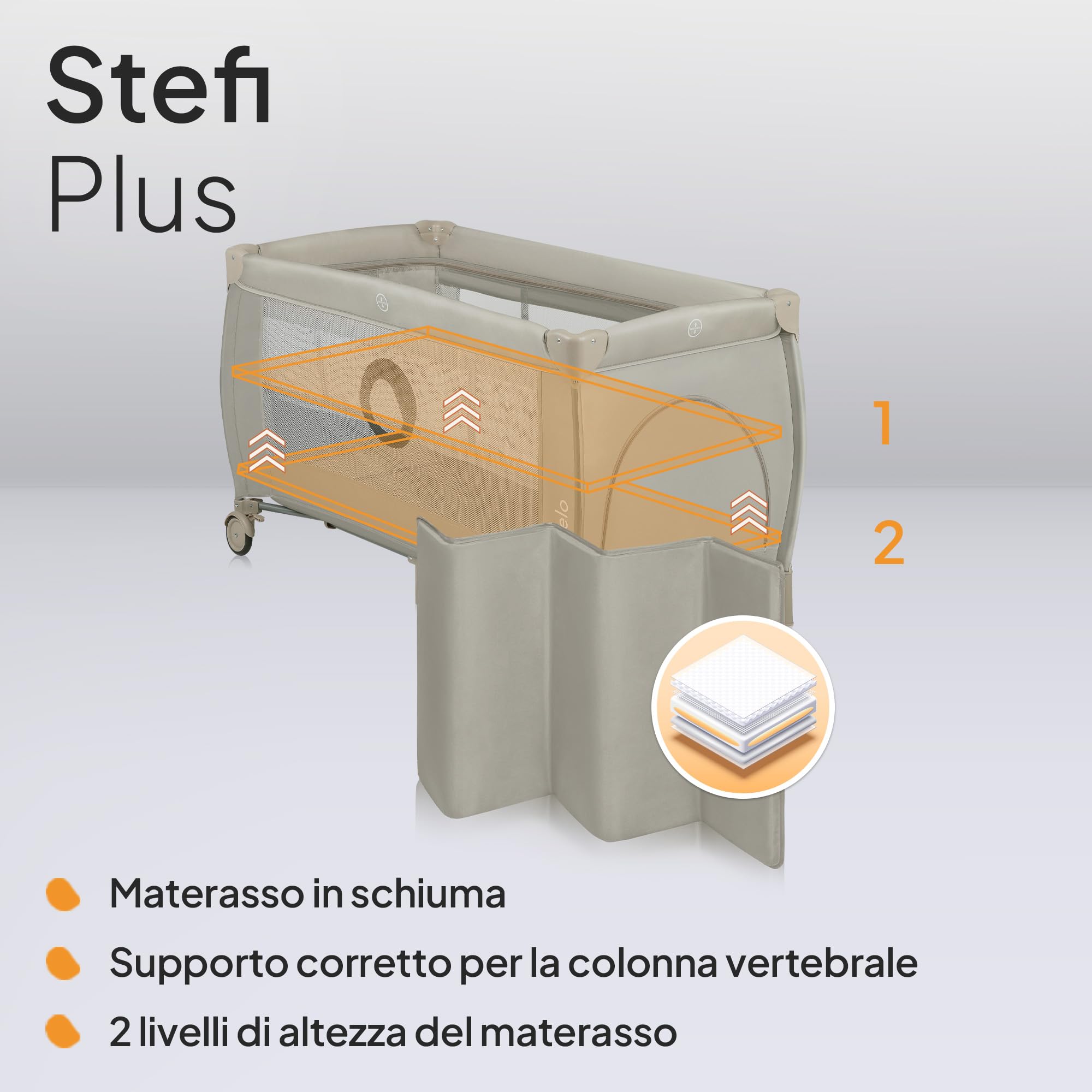 LIONELO STEFI PLUS Lettino da Viaggio Pieghevole 129x71x77cm per Bambini 0-3 Anni con Materasso 2 Livelli
