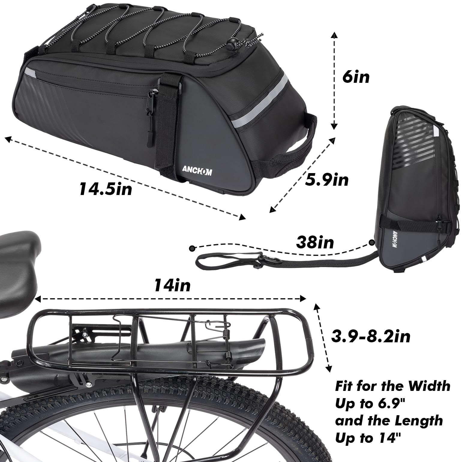 Rear Bike Rack Bag, 8L PVC Water Resistant Bicycle Bag for Road and Mountain Bikes, Commuter Bag for Grocery Shopping and Cycling, Black
