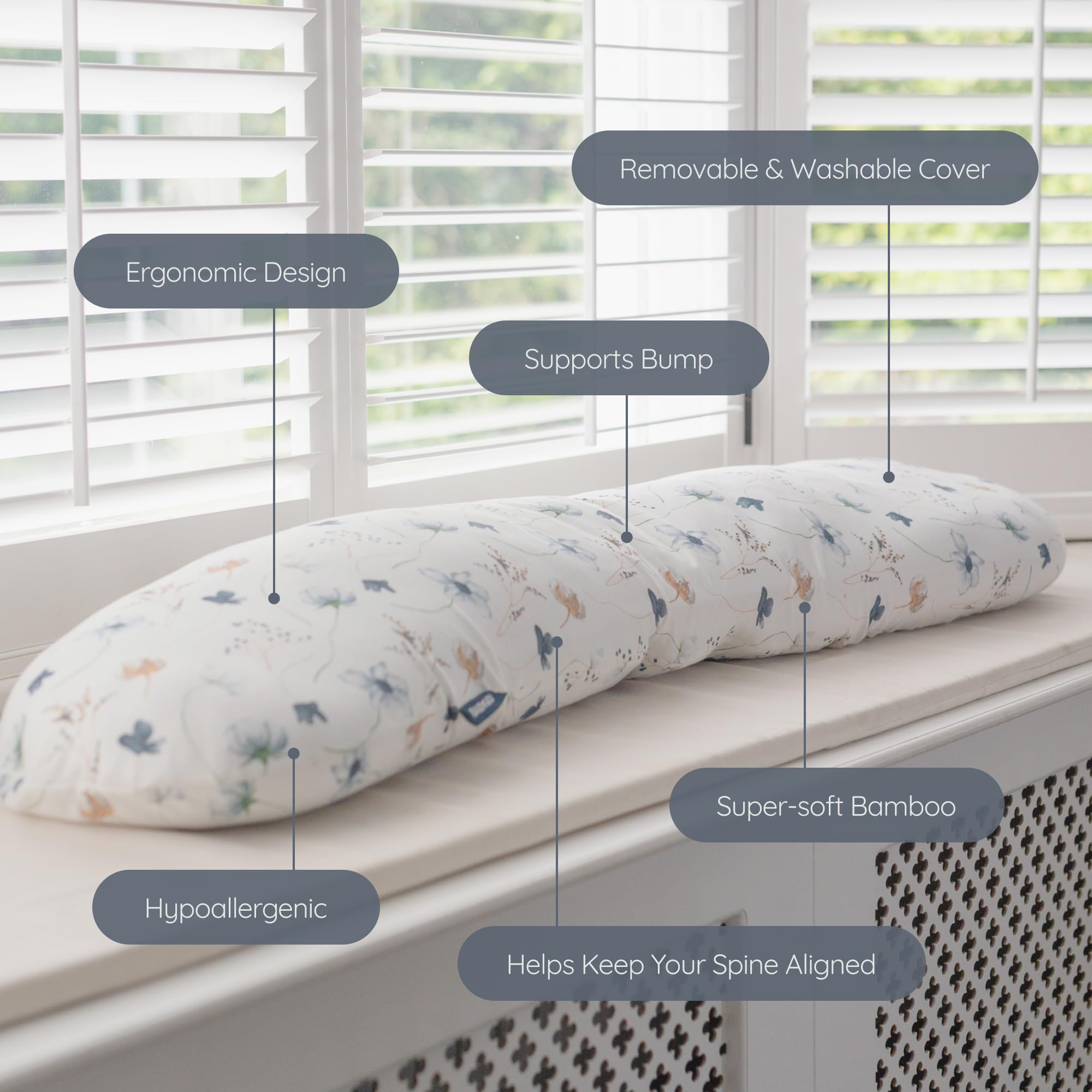 BABYGO Schwangerschaftskissen für Seitenschläfer | The Moon Schwangerschaftskissen für Schwangere | Umarmung und Curl | Ergonomische platzsparende Unterstützung | Bambusbezug (Nordic Bloom, Moon