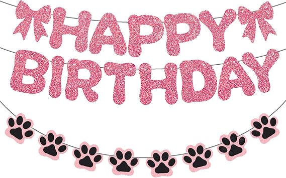 2 PCS Paw Print Happy Birthday Banne Puppy Dog Theme Birthday Decorations for Boys Girls Baby Shower Party Supplies Glitter Pink Banner
