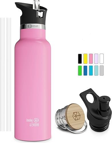 Miniatura 1 de Botella de agua aislada al vacío de doble pared con tapa de pajilla y tapa deportiva, termo de acero inoxidable para niños simple, sin BPA,