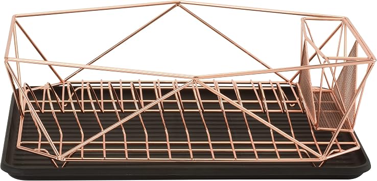 Kitchen Details Geode Deluxe Dish Drying Rack with Drain Board | Cutlery Basket | Utensil Holder | Iron Frame | Copper
