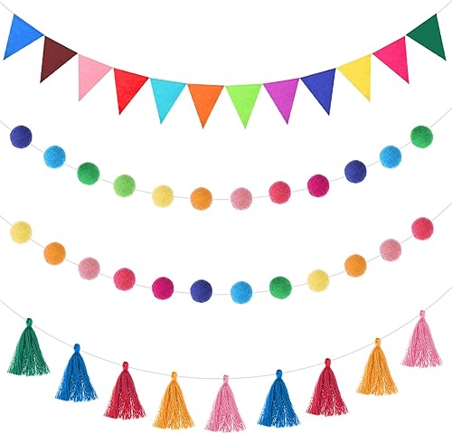 Irenare Guirnalda de pompones de Navidad de 9.8 pies, banderín de arco iris, pancarta colorida de fieltro con borlas, decoración de árbol de