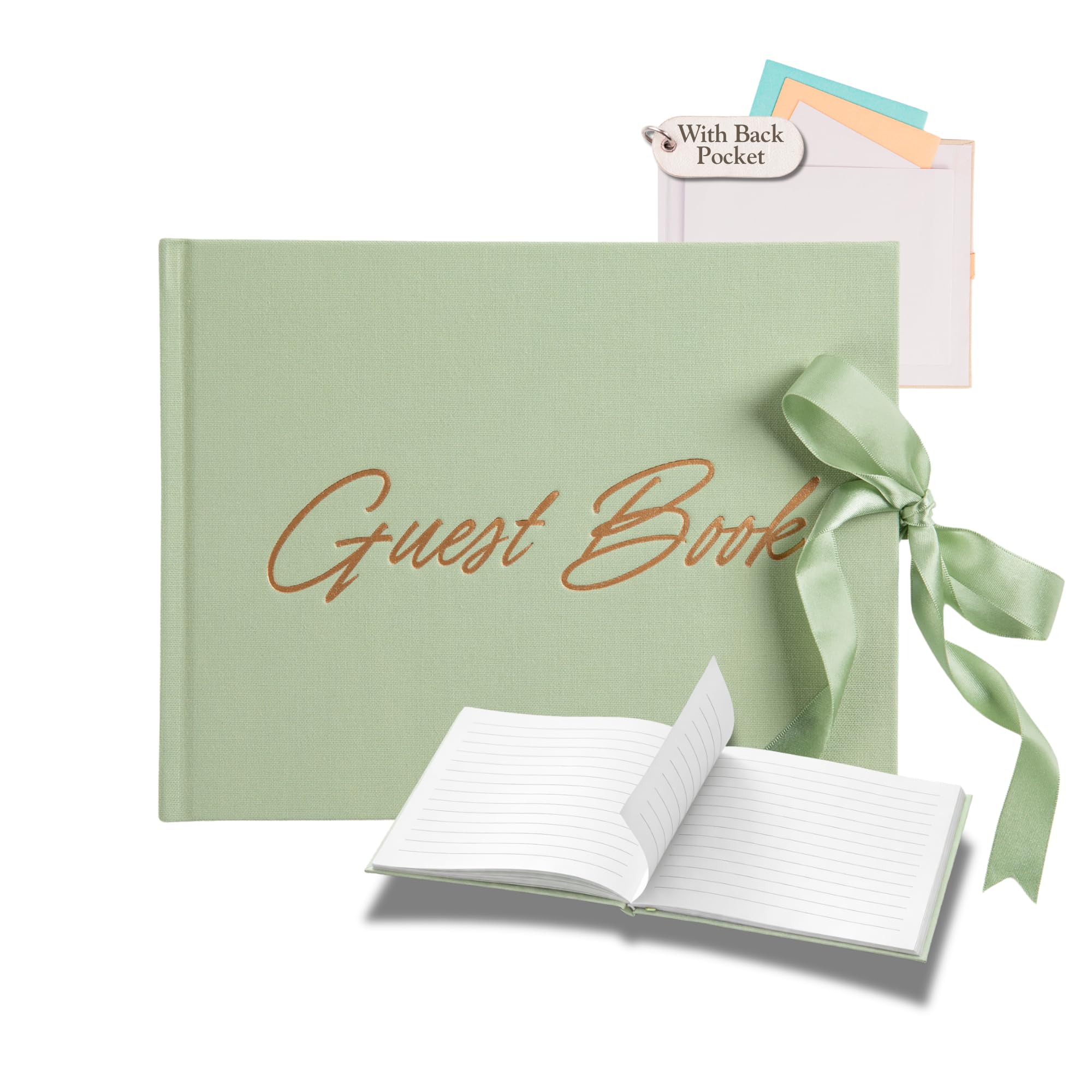 Elegante libro degli ospiti per matrimonio, con tasca per ricordi + chiusura a fiocco, copertina in lino, 120 pagine a righe, libro degli ospiti, ricevimenti nuziali, baby shower e funerali (verde