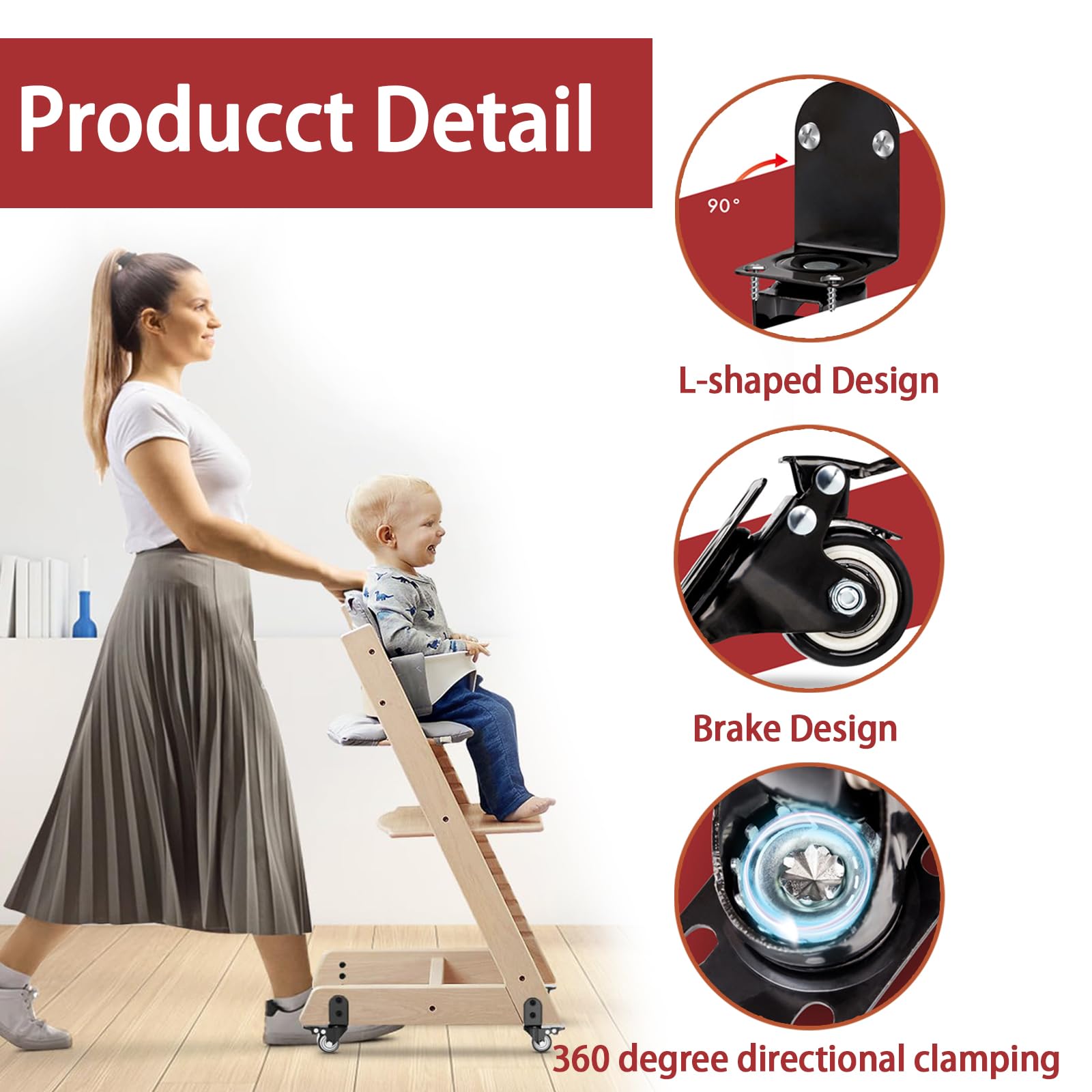 4 accessoires de roue avec verrous de sécurité pour chaise haute Tripp Trapp, rotation à 360 °, rend la chaise Tripp Trapp mobile, augmente le confort de la chaise haute, facilite le