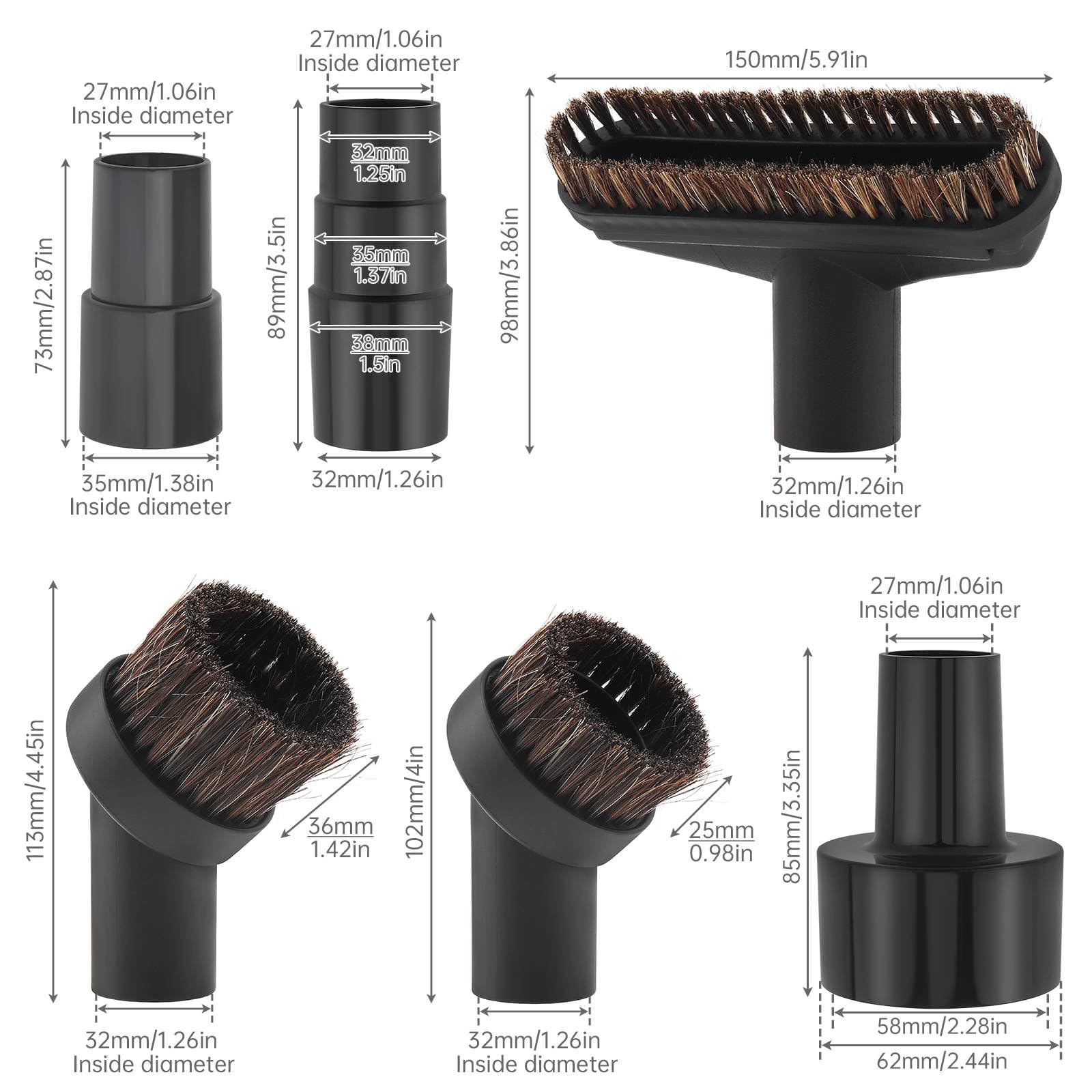 Stofzuiger 6 stuks, 1,25 inch paardenhaar vacuüm bevestiging, 5,9 inch vacuüm vloerborstels stofzuiger borstels met 1,05 inch tot 1,3 inch adapter, stofzuiger kop borstel vervanging voor