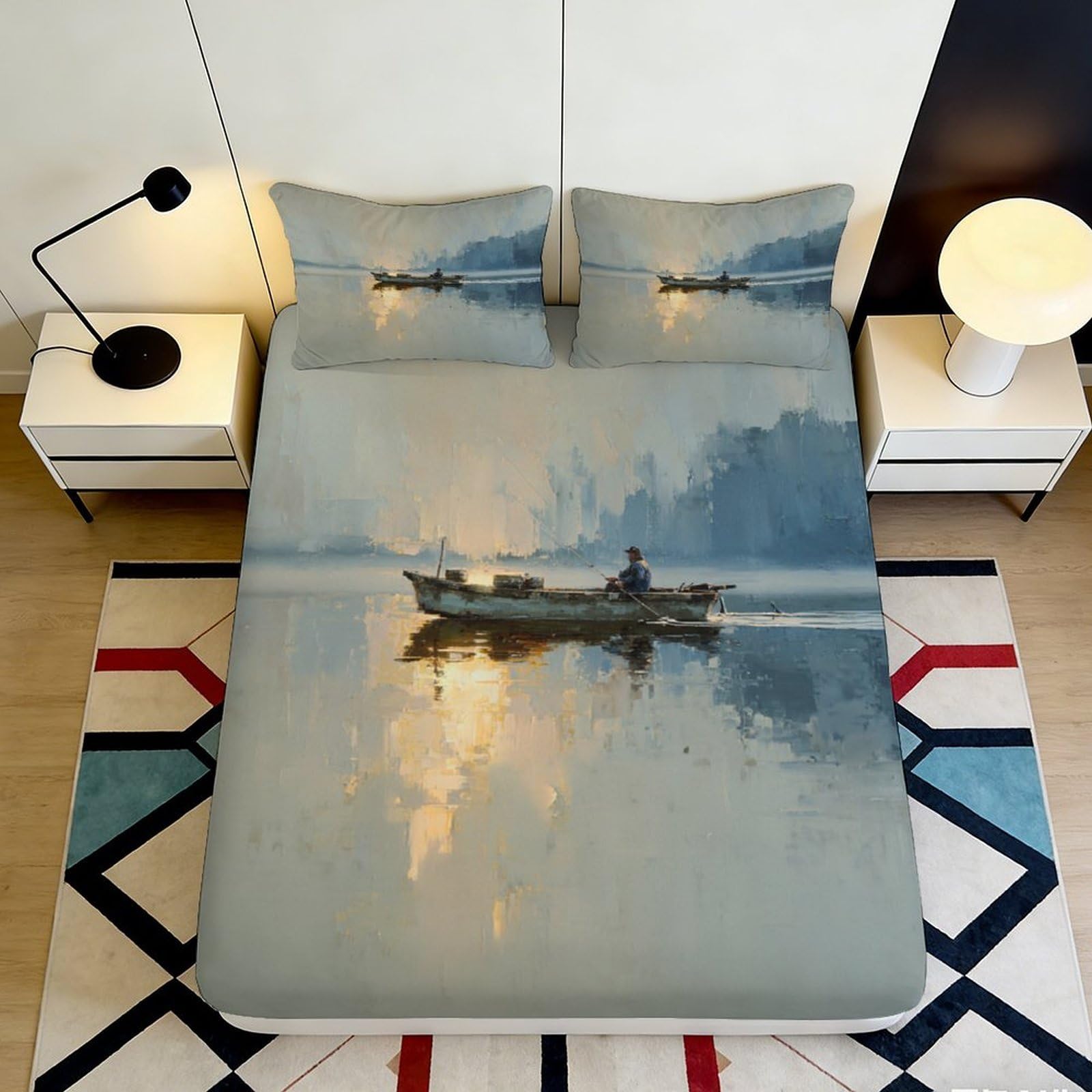 3D Printed Lake Sunset Boat Fitted Sheet Microfiber Soft Art Mattress Cover for Bedroom Dorm Decor 120x200cm 90x200x25cm