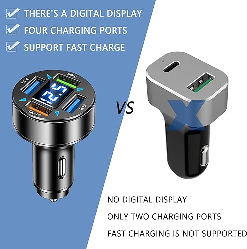 Miniatura 10 de Cargador rápido para coche, cargador USB de 4 puertos con voltímetro LED, PD3.1Super Port adaptador de cargador de coche de carga rápida, compatible