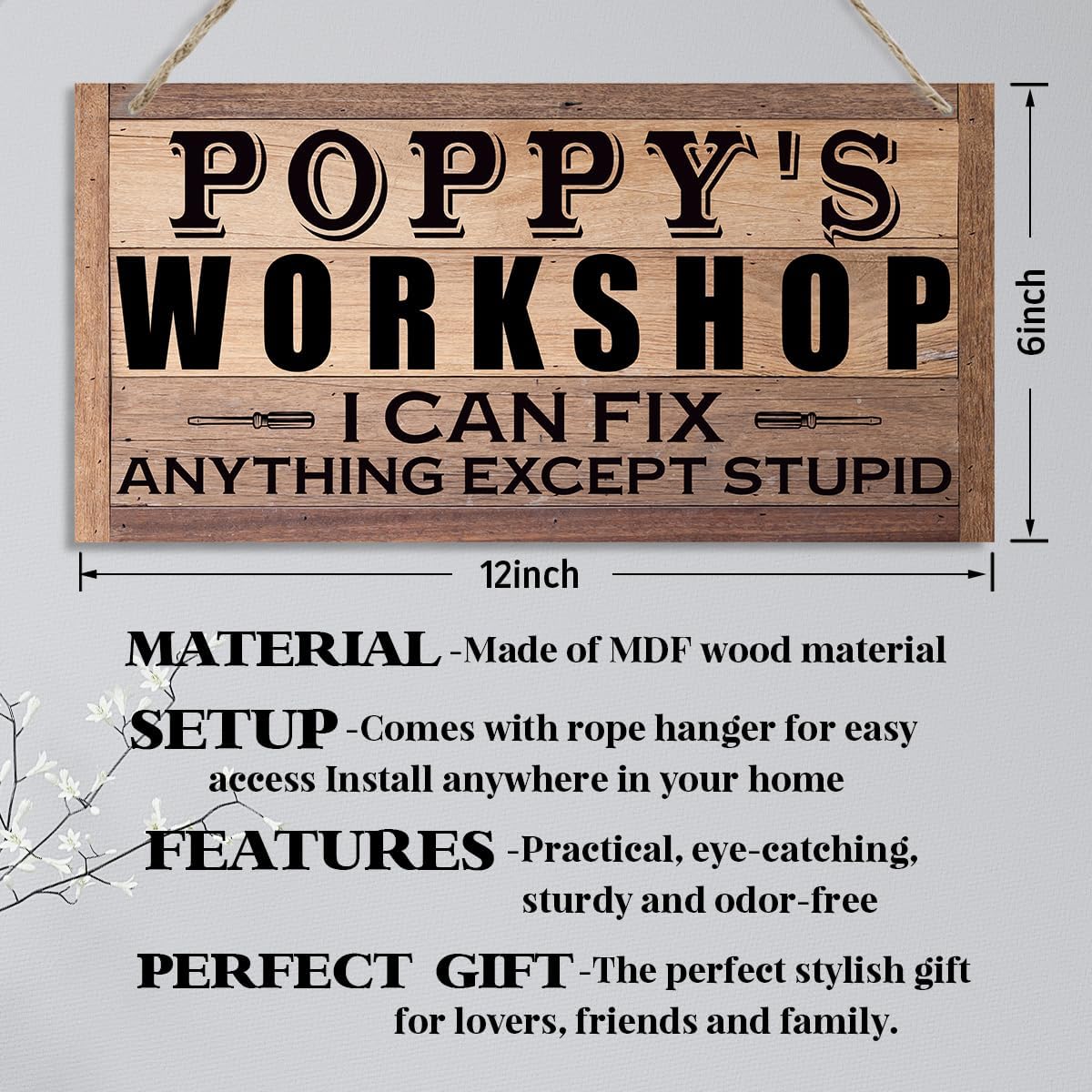 Poppy's Workshop Sign, I can Fix Anything Except Stupid Sign, Decorative Hanging Wall Plaque Wood Sign, Funny Garage Decor, Tool Room Decor, Rustic Door Hanger, Father's Day Gift for Poppy Grandpa - Image 2