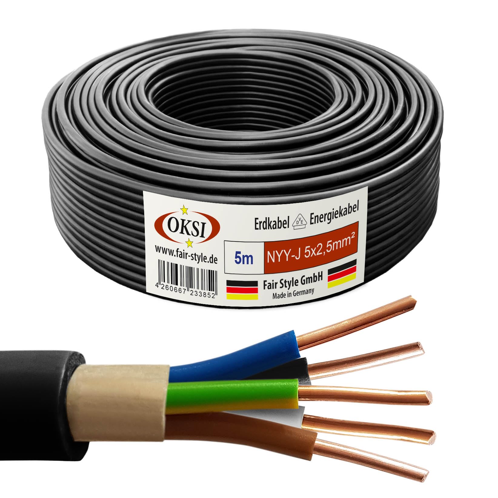 OKSI 5m NYY-J 5x2,5 mm² Erdkabel Elektrokabel Beton und Freien Kupfer Made in Germany