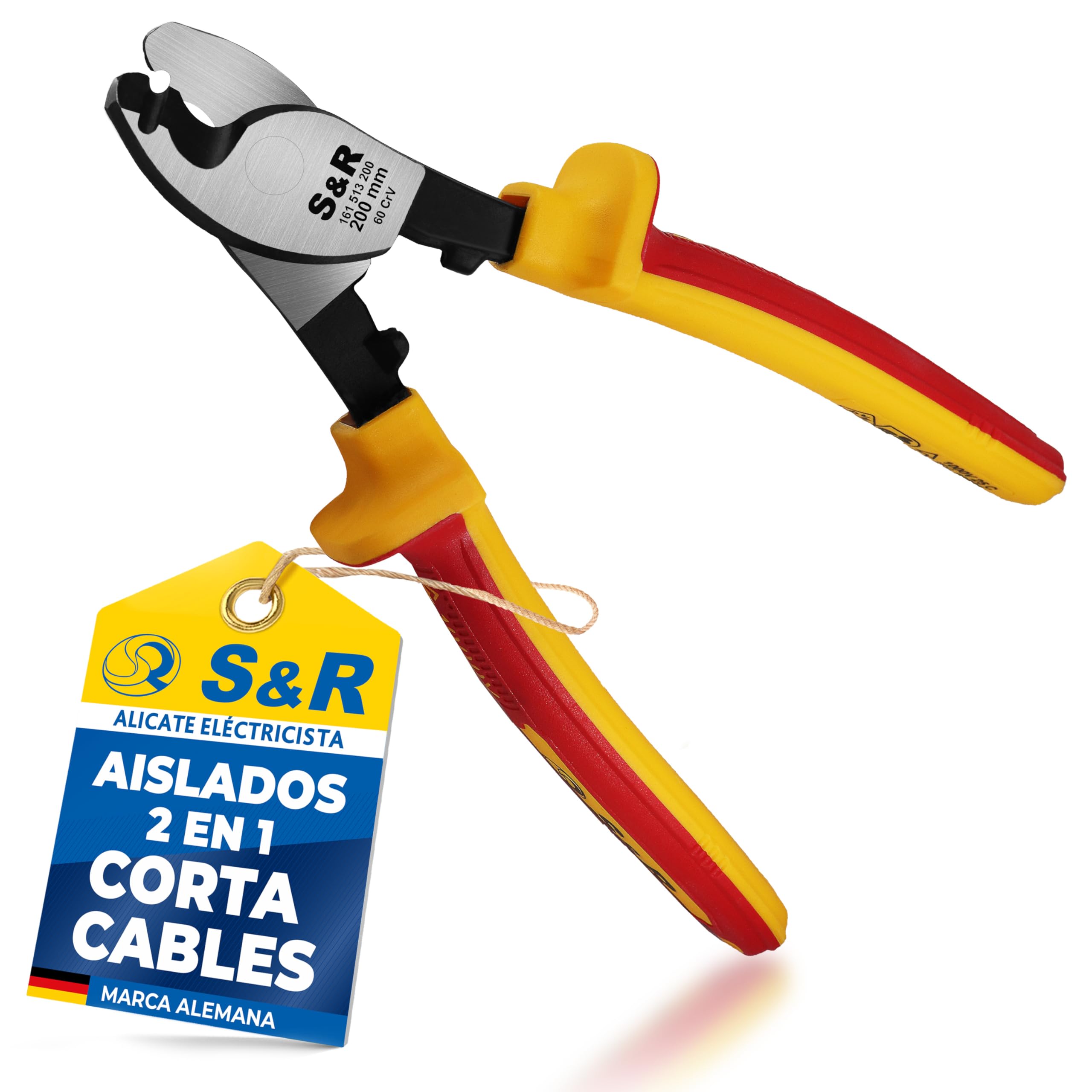 S&R Alicate Cortacables electricista aislada VDE hasta 1000 V - Cortador Alambre 20 cm acero 70C dureza 66 HRC