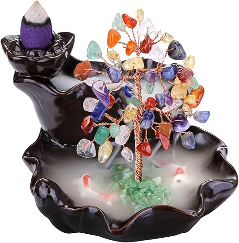 CrystalTears Quemador de incienso de cascada de cristal para árbol de retorno, soporte de incienso de cerámica, 7 chakras, piedra de cristal