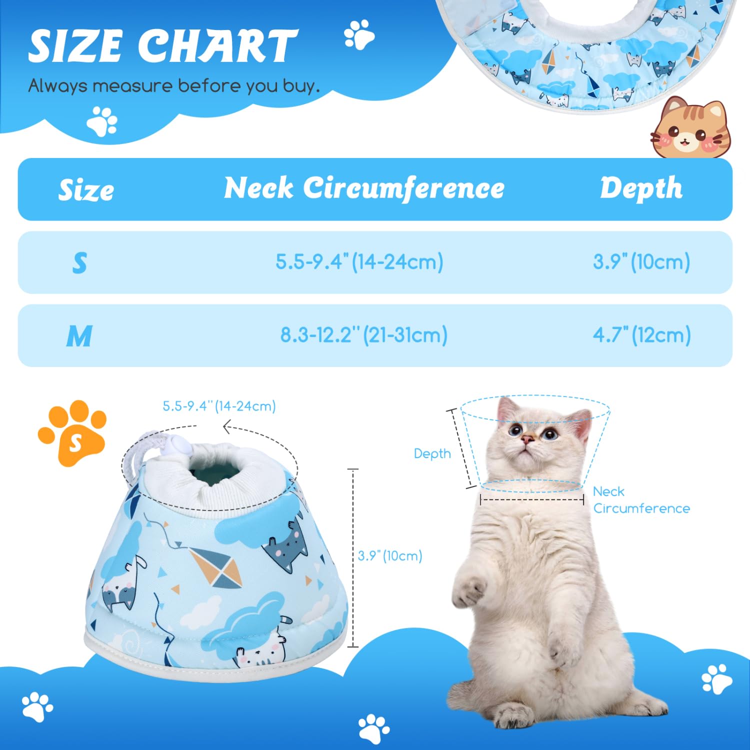 Nobleza Soft Recovery Cone Collar for Cats and Small Dogs - Post-Surgery Protection, Blue, Size S, S (Neck:5.5-9.4in) - Image 2