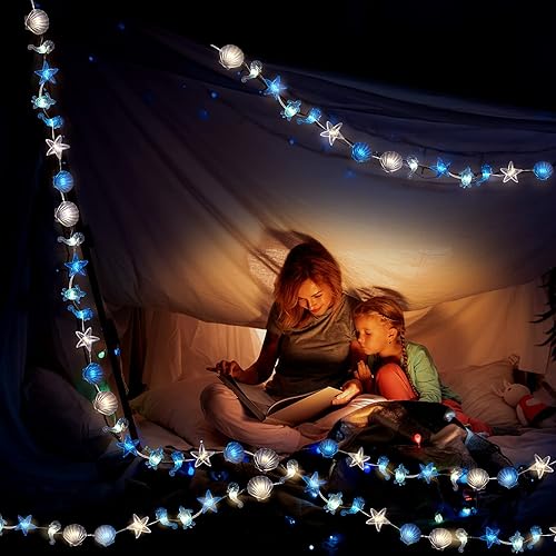 Miniatura 3 de Zhanmai 2 piezas de luces de cadena para decoración marina temática náutica de conchas y caballitos de mar para dormitorio, 10 pies, 30 luces LED,