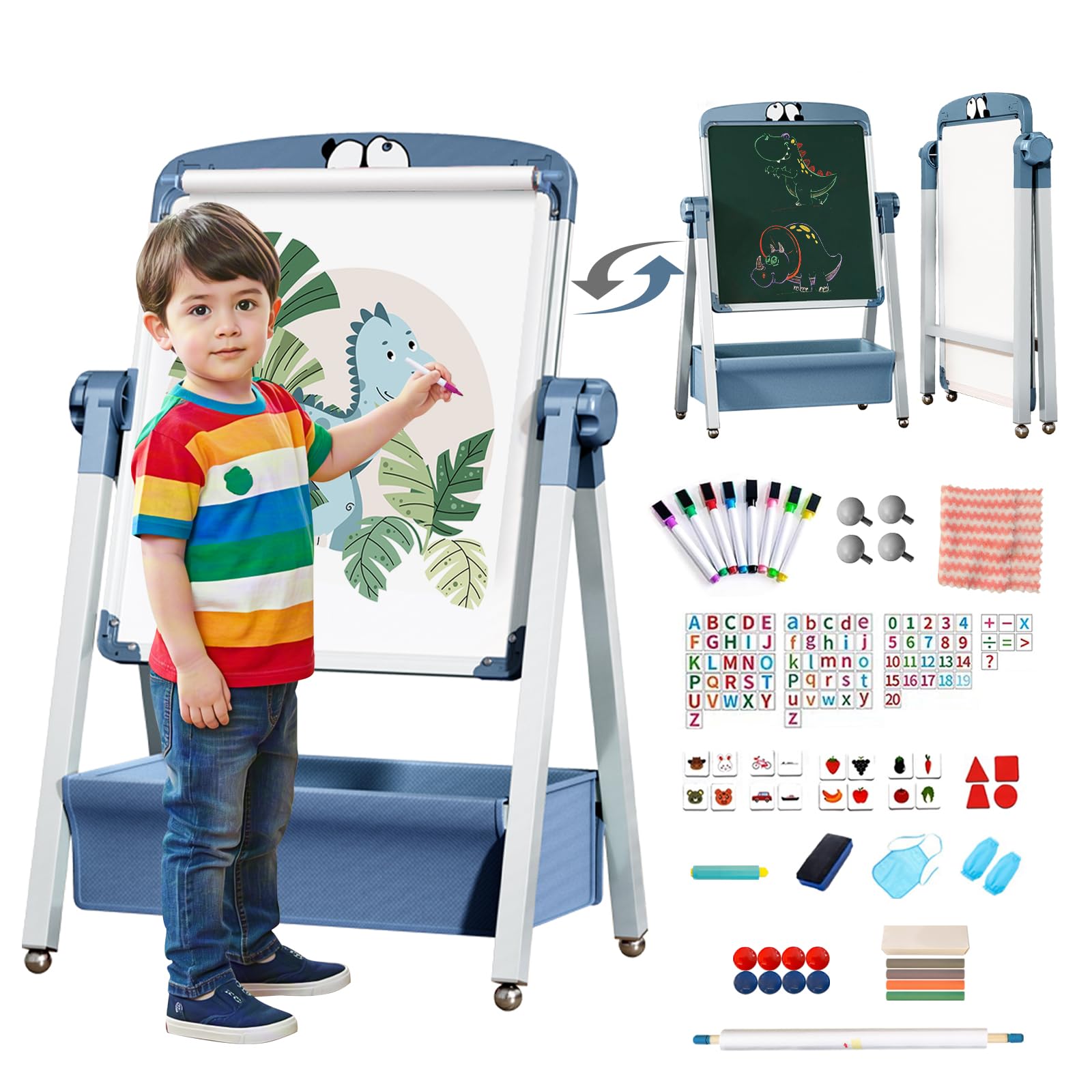 Chevalet Pour Enfants avec Rouleau de Papier 3 en 1 Double Face planche à dessin pliable, hauteur réglable Rotatif à 360 ° tableau blanc et noir avec lettres et chiffres pour garçons et filles