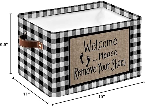Miniatura 8 de Paquete de 2 cestas de almacenamiento grandes con texto en inglés "Welcome Please Remove Your Zapatos", caja de almacenamiento plegable, organizador