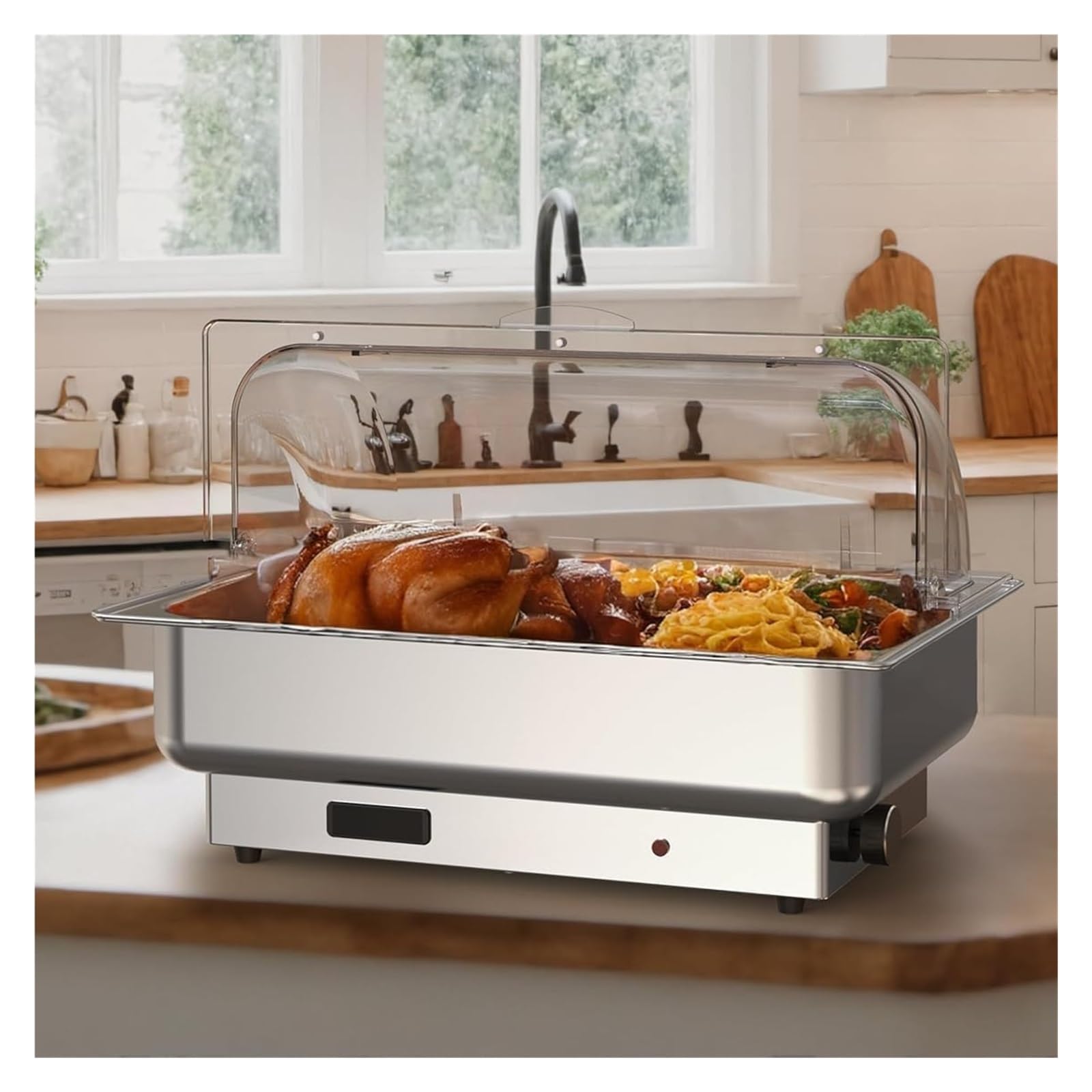 Plato De Frotamiento Eléctrico 600W, Soporte Calor Acero Inoxidable con Tapa Enrollable For PC, Calentador Alimentos For Buffet Calor Duradero