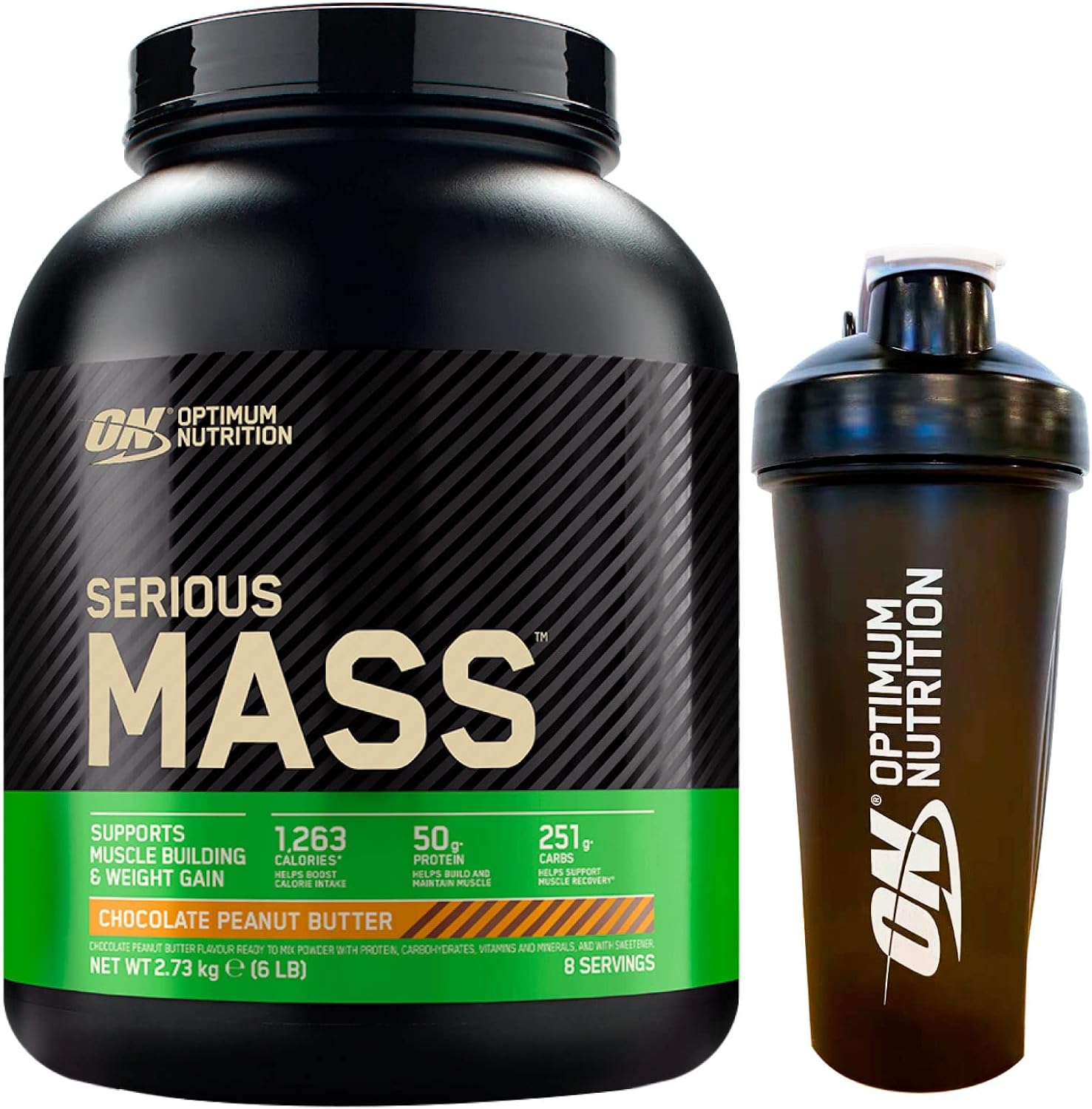 Optimum Nutrition Serious Mass Gainer Whey Protein Powder for Muscle Mass with Creatine Glutamine and Vitamins Chocolate Peanut Butter 2.73 kg 8 Servings + Shaker