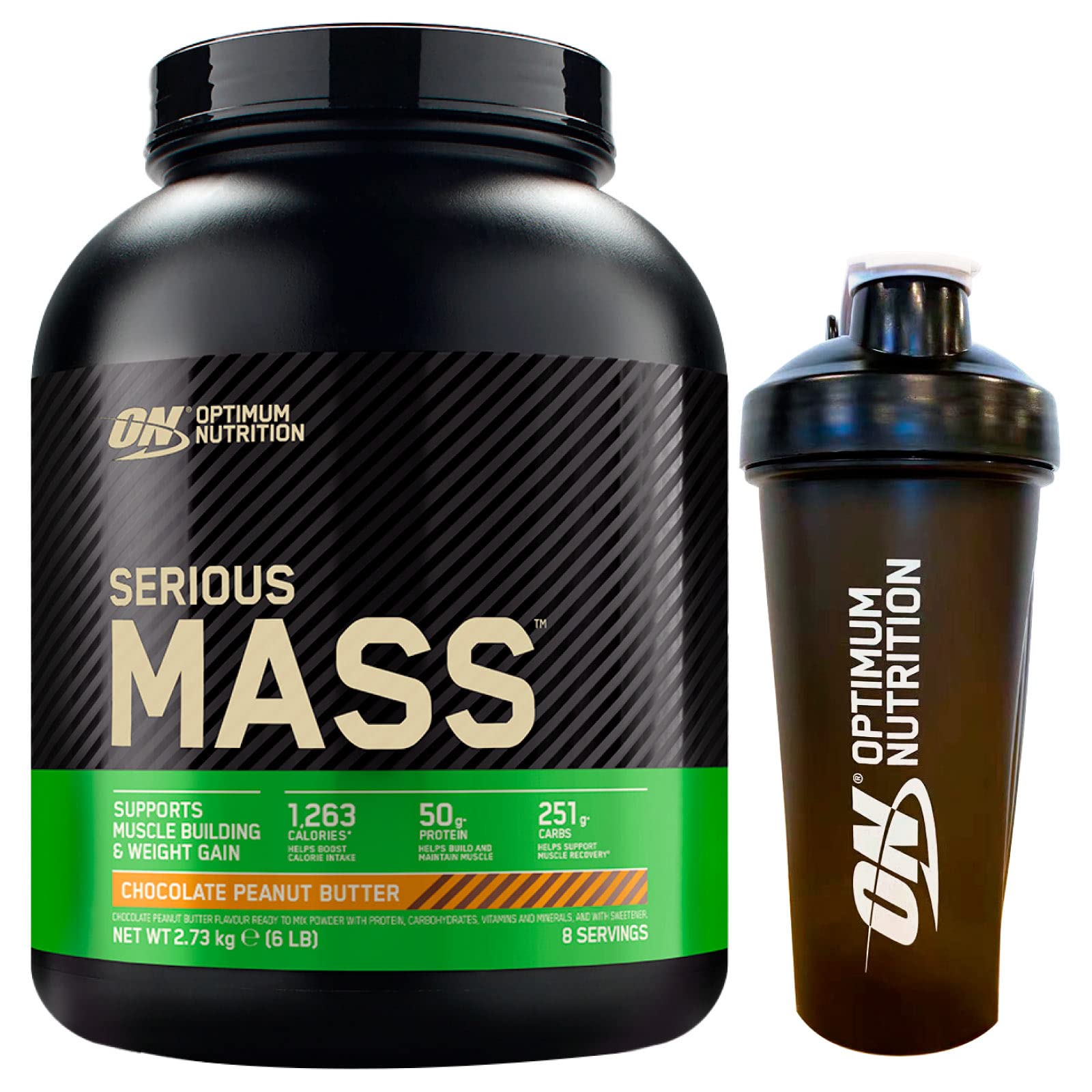 Optimum Nutrition Serious Mass Gainer Proteine Whey in Polvere per la Massa Muscolare con Creatina Glutammina e Vitamine Cioccolato Burro di Arachidi 2,73kg 8 Porzioni + Shaker