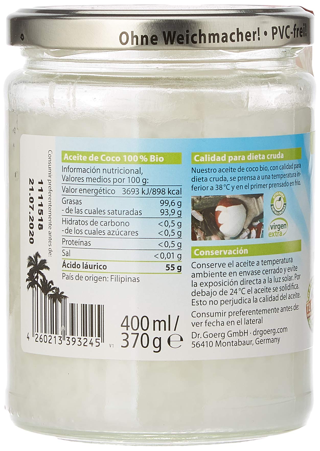 Dr. Goerg Aceite de coco PREMIUM Bio - 400 ml.