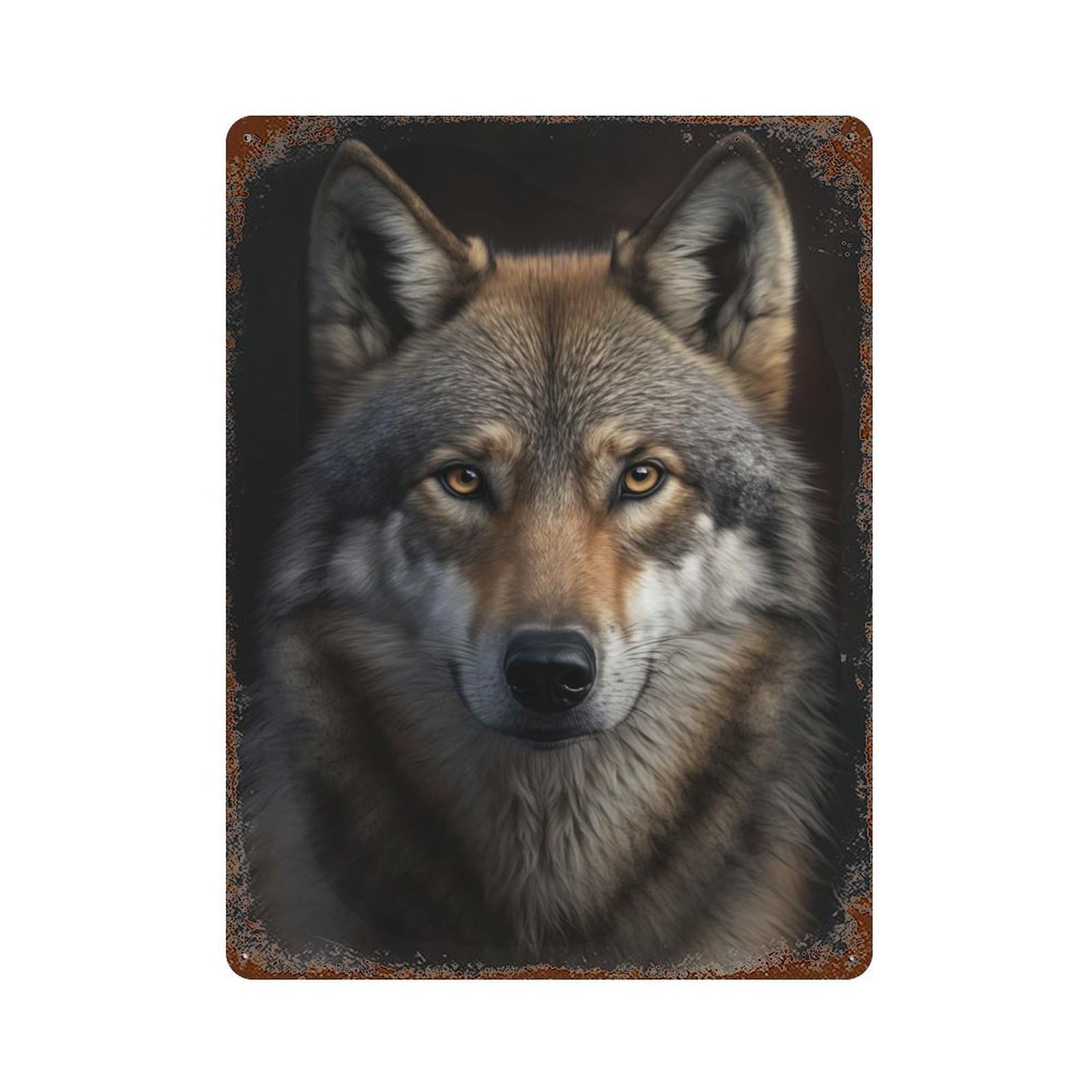 Wolf Portrait on Dark Rust Effect Tin Sign 15.7"x11.8", Novelty Wall Decor for Garage, Pub Or Kitchen