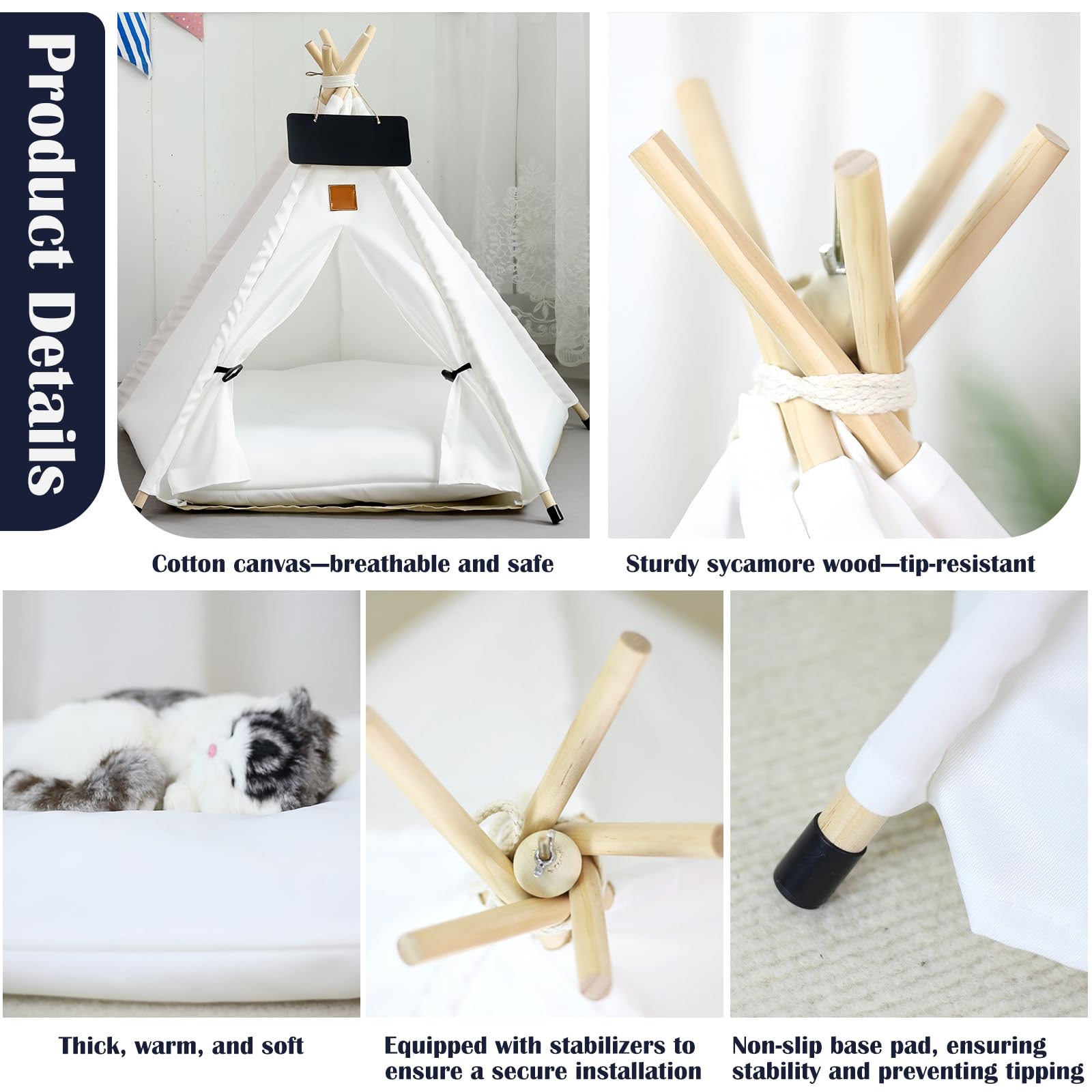 Tente tipi pour Animaux de Compagnie, Tente pour Chien et Chat avec Coussin Amovible Lavable, Maison Animal intérieur extérieur en Coton Respirant (A,L)