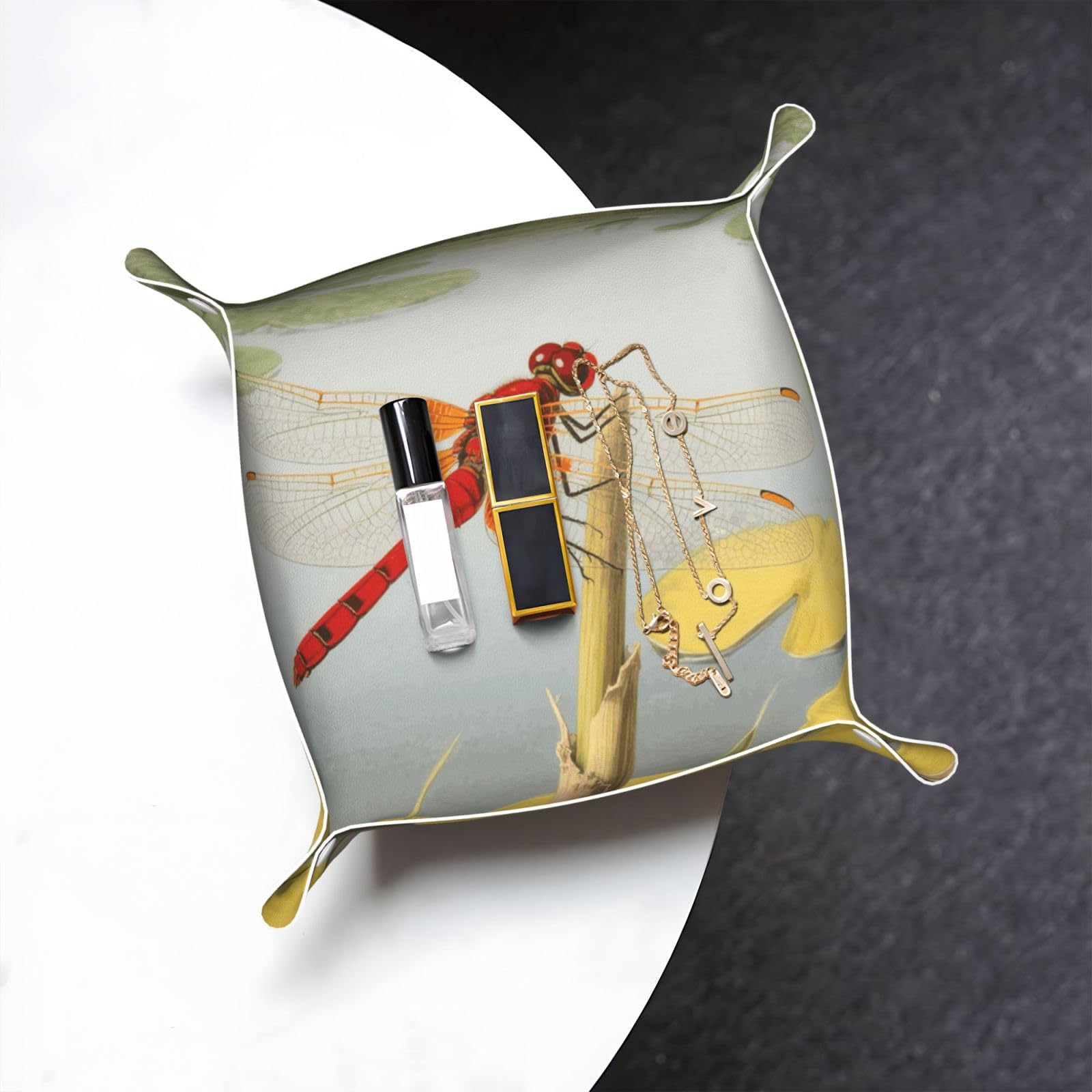 Dragonflies Valet Tray Organizer Pu Leather Travel Catchall Tray Organizer Portable Jewelry Tray Storage Keys Tray for Entryway Table Coins Watches Candy