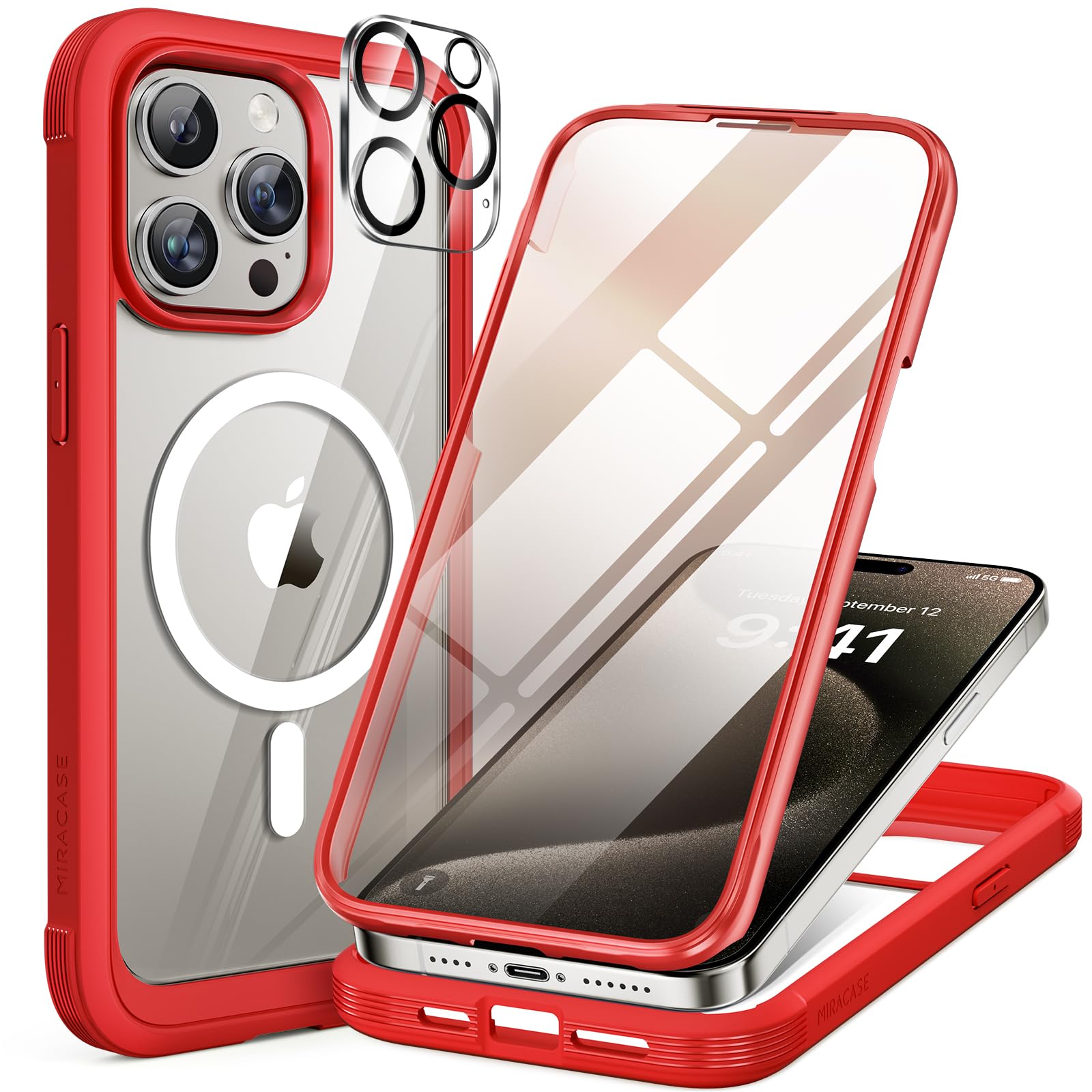 Miracase Magnetic for iPhone 15 Pro Max Case 6.7'' [Compatible with Magsafe] Full-Body Military Drop Proof for iPhone 15 ProMax Case with Built-in 9H Tempered Glass Screen Protector,Red