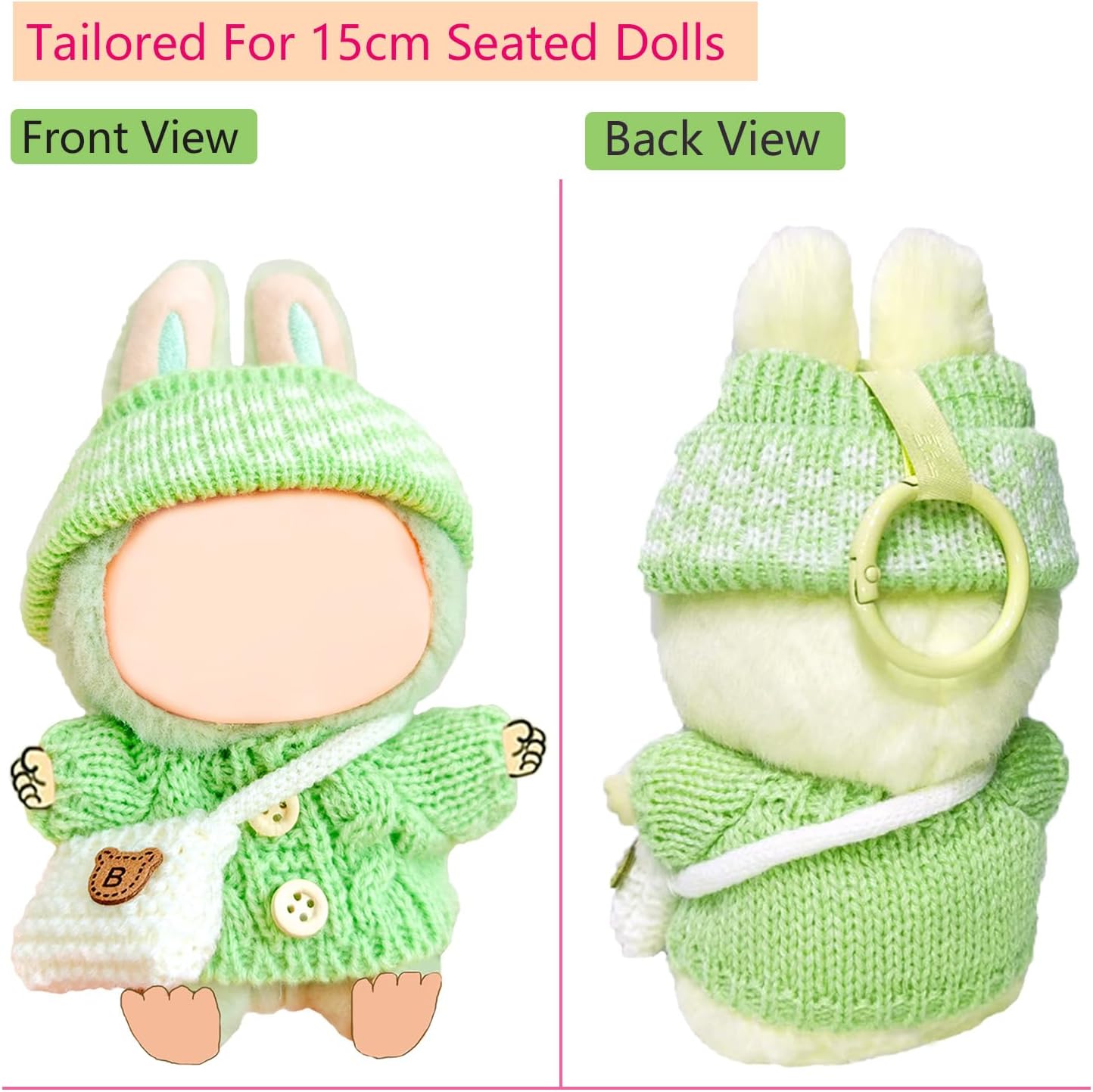 17cm Doll Clothes Set for Lububu, Designer Hand-Crocheted Green Sweater Outfit with Hat & Backpack，Cute Ropa Clothing and Accessories for 15cm Have a Seat Series Dolls Display and Dress-Up
