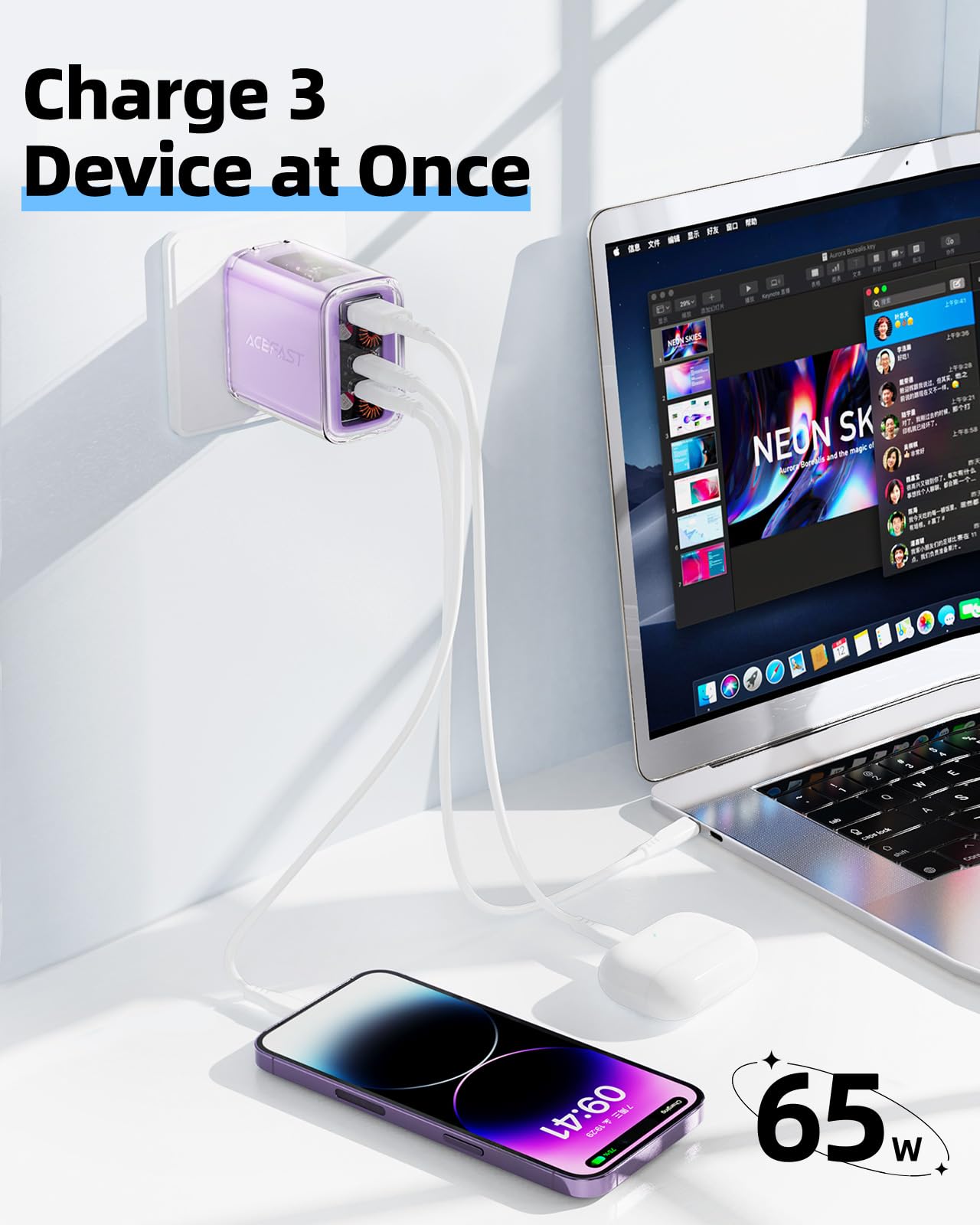 ACEFAST PD65W USB C Charger 3-Port Fast Charger Set for USB C Laptops, Cell Phones and Tablets, Foldable AC Plug Power Adapter Compatible with MacBook, iPhone 14/Pro, iPad Pro, Steam Deck (Purple)