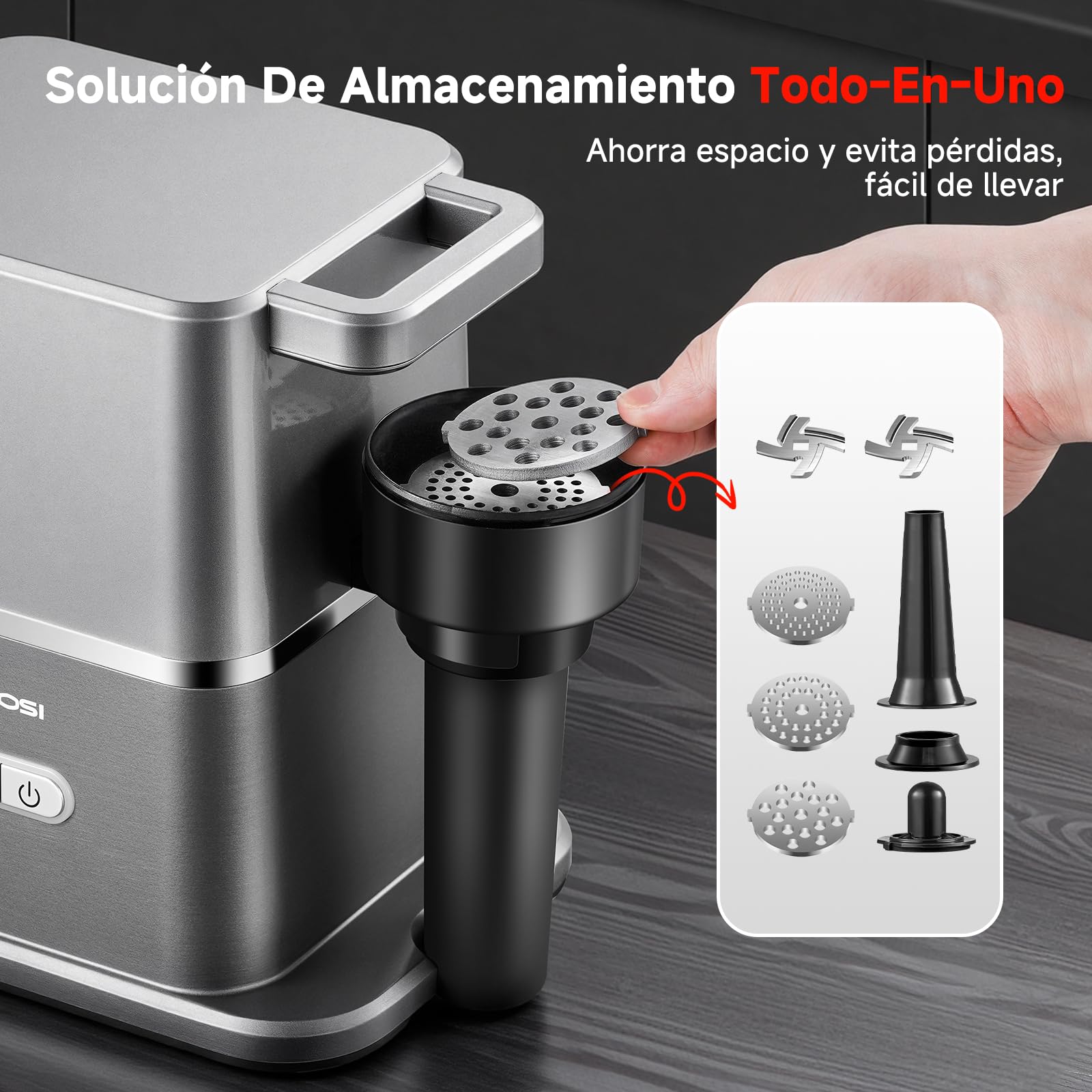 AOBOSI Picadora De Carne Silenciosa - 3000W Máx. Con Motor DC, Solo 60dB, Reversa Automática Y Empujador De Alimentos Con Almacenaje - 3 Niveles De Velocidad, Para Moler, Hacer Embutidos Y Kibbe